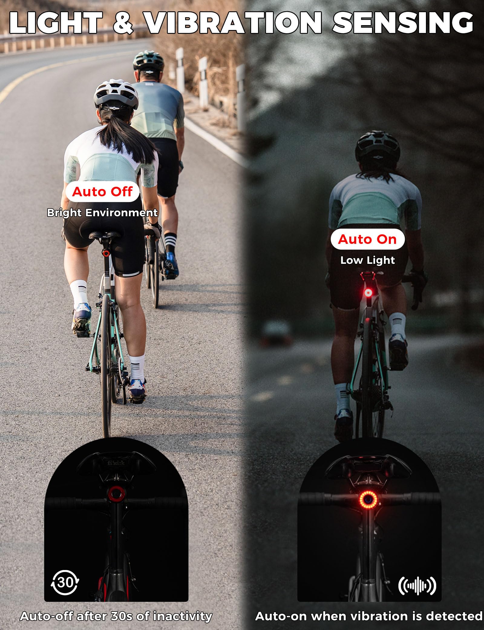 ROCKBROS Luce Posteriore Bici, con Freno e Sensore di Vibrazione, Luci Bicicletta LED Impermeabile IPX6 4 modalità LED, Fanale Posteriore USB Ricaricabile, per MTB, Bici da Corsa, Strada