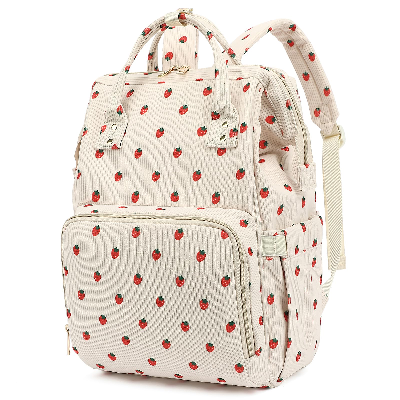 Yusudan Corduroy Diaper Bag Backpack for Baby Girls Boys, Women Large Nappy Bags for Mom (Beige Corduroy Strawberry)