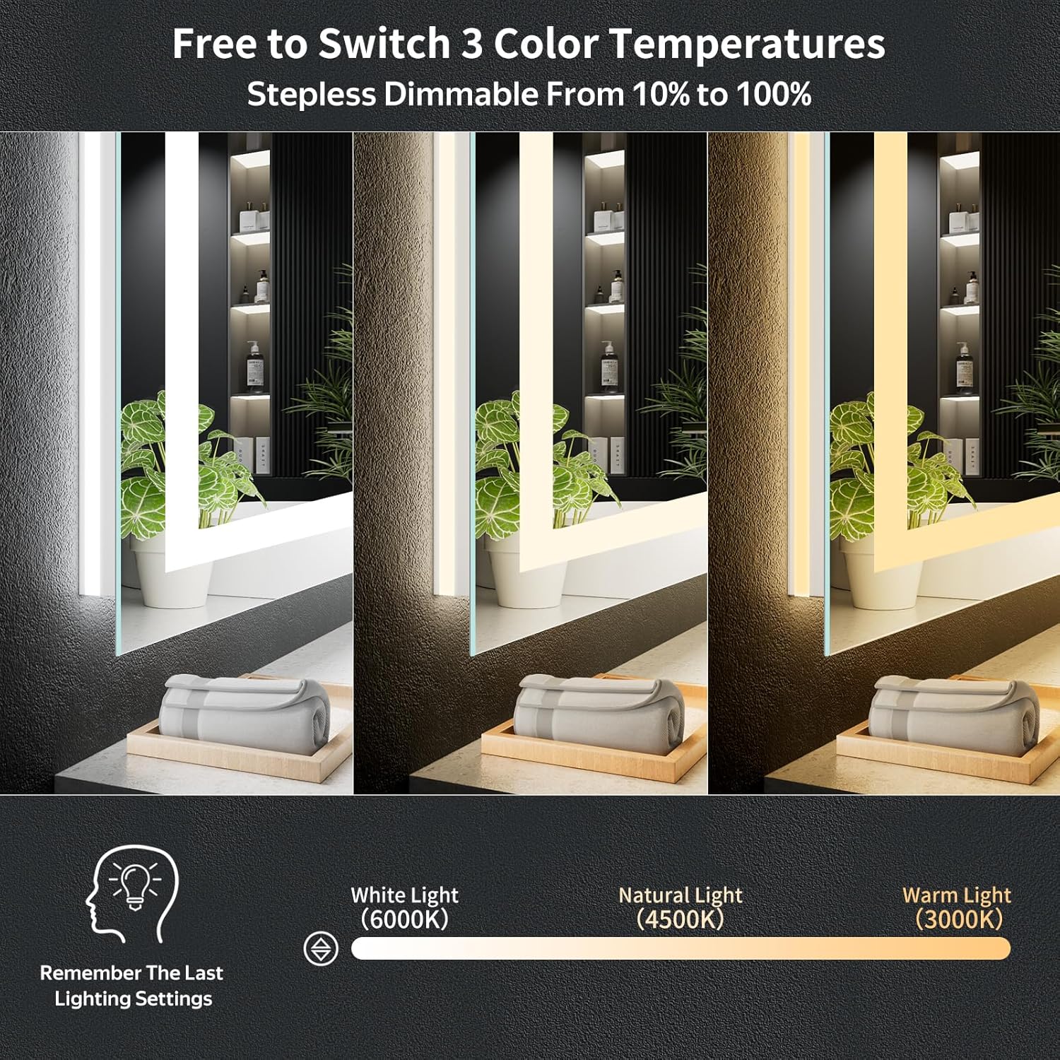 48 x 32 LED Bathroom Mirror with Lights, Backlit + Front Lit, Anti-Fog, Lighted Vanity Mirror for Bathroom Wall, Dimmable Brightness, 3 Colors, Memory Function, Shatterproof Tempered Glass