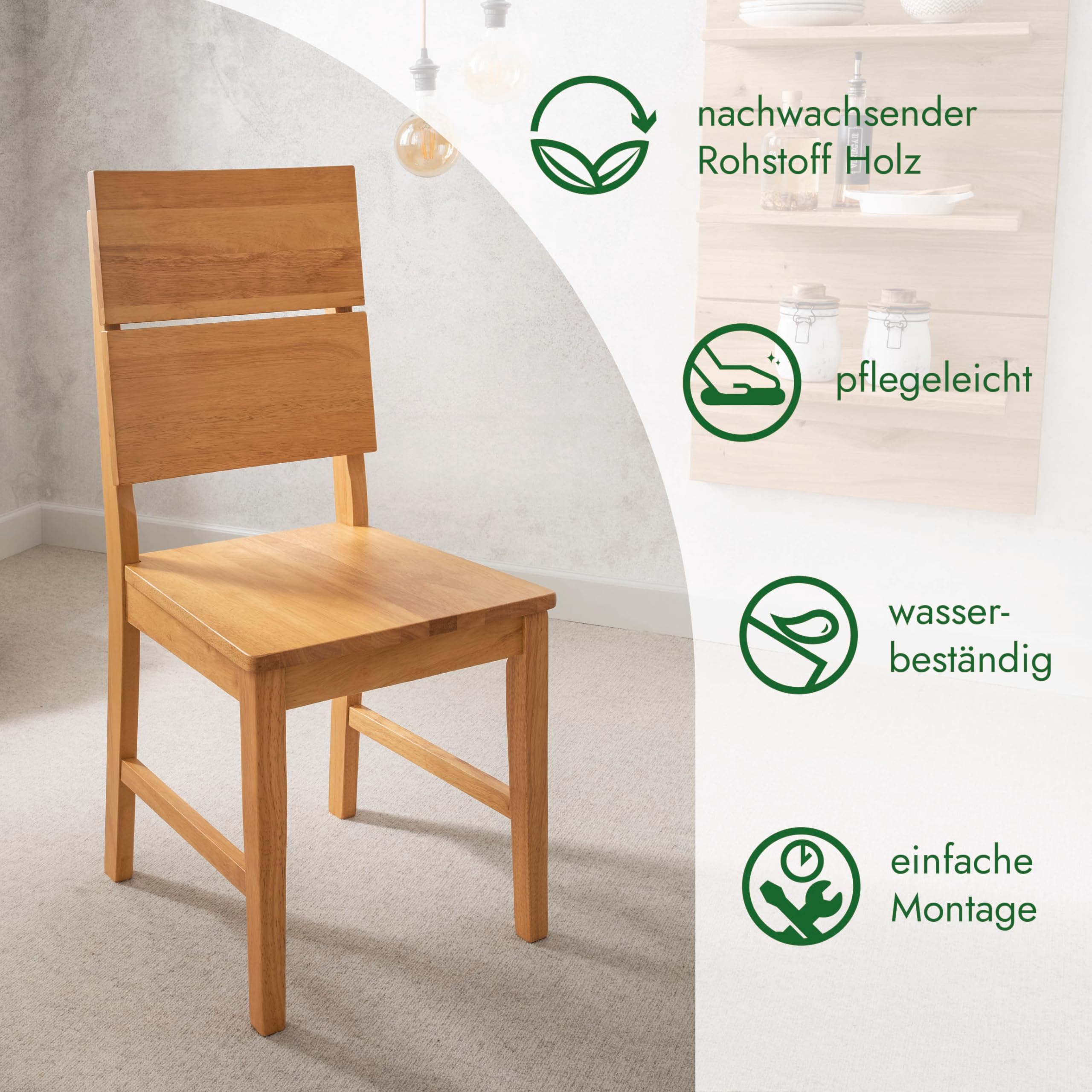 Woodroom Kota 2er Stuhl-Set – Massivholz Hevea, Eiche lackiert & pflegeleicht, Moderne Küchen- & Esszimmerstühle im schlichten Design