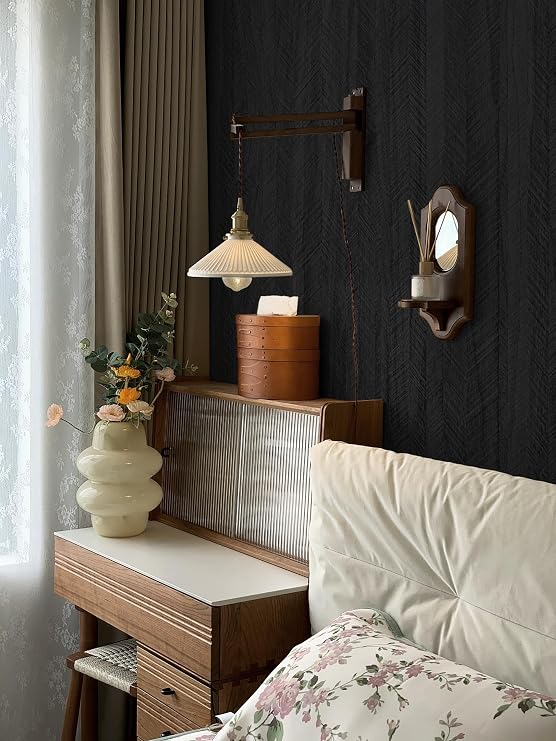 Safiyya Peel and Stick Wallpaper Black Contact Paper for Walls Bathroom Modern Wall Paper Self Adhesive Textured Removable Wallpaper for Bedroom Wood Look Vinyl Rolls 78.715.7