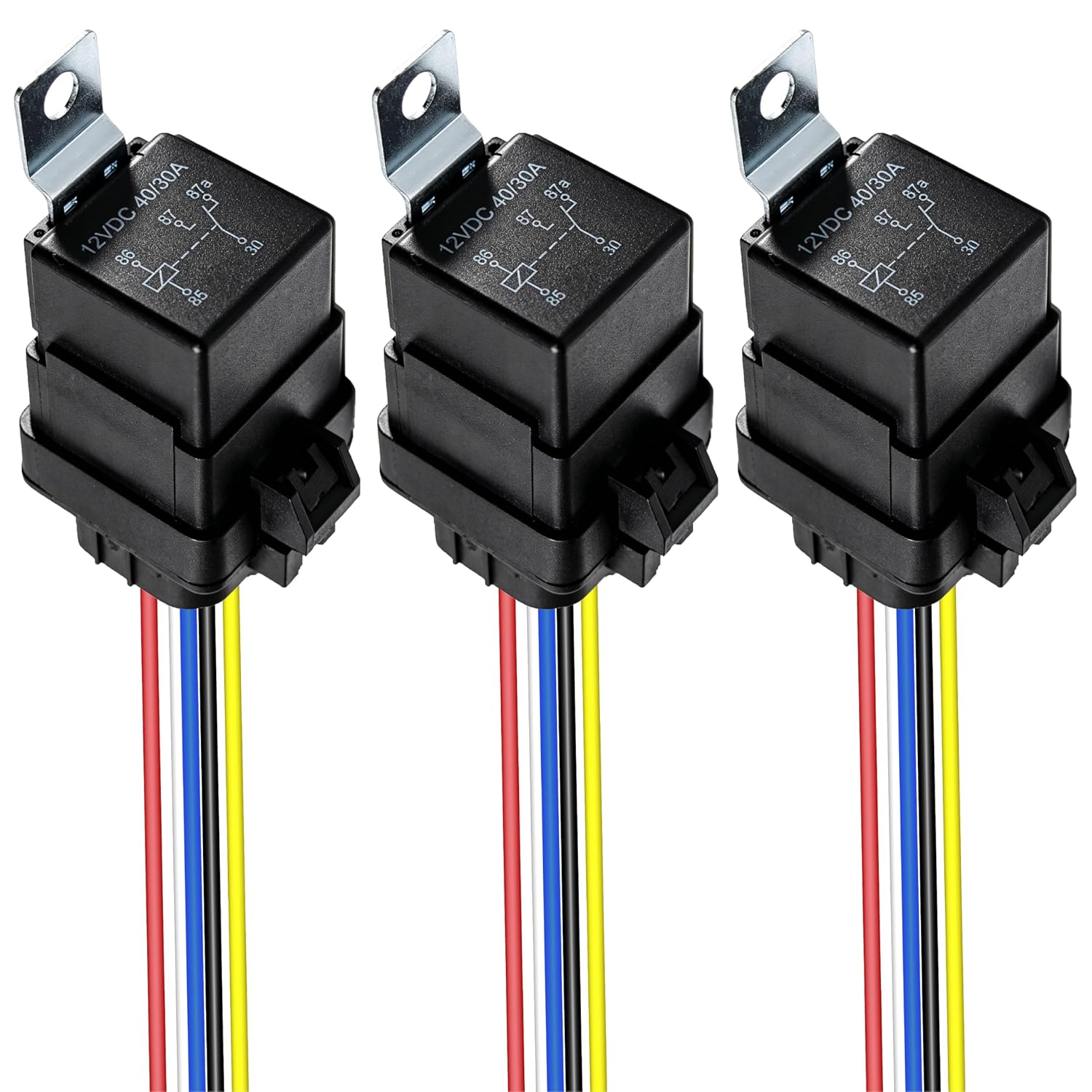 BFXM 3 PCS 5 Pin Relay 12V, Automotive Relay Kit with 14&16 AWG Harness, SPDT 40/30 AMP Waterproof Heavy Duty Relay for Horn Starter Radiator Fan Motor