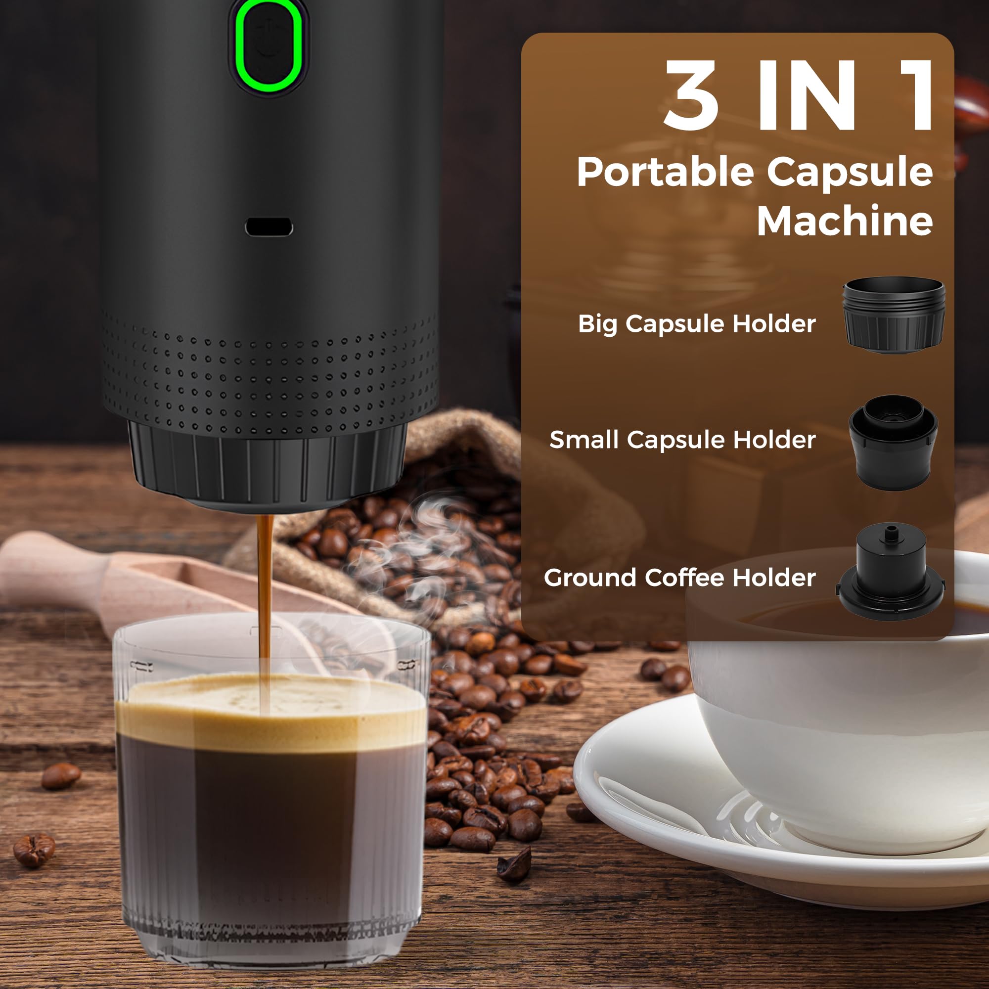 Umisu Tragbare 3-in-1 Espressomaschine Elektrisch, Kapselmaschine und gemahlener Kaffee, Espressomaschine, elektrisch, schnelles Aufheizen, für Büro, Reisen, Camping, Haus (Grau