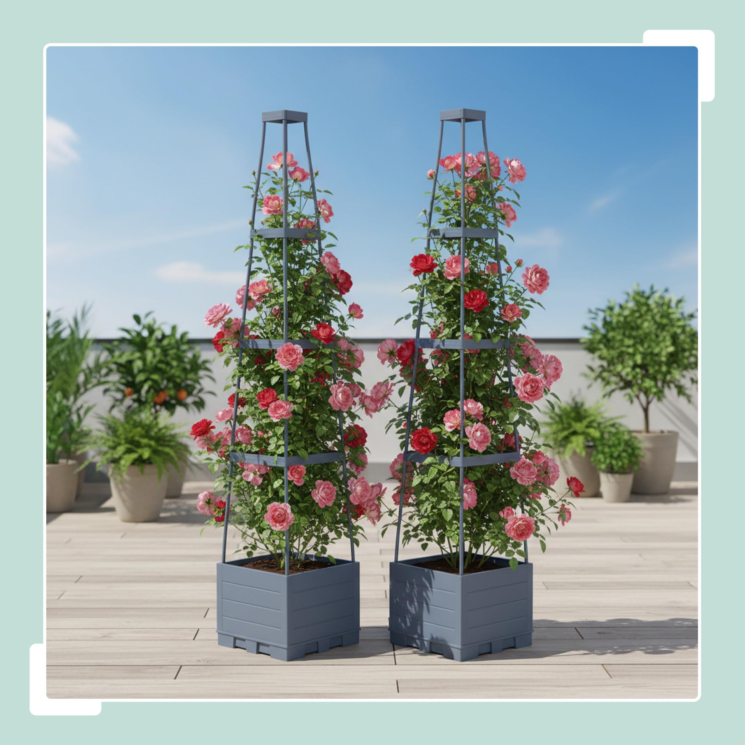 Relaxdays Pflanzkübel mit Rankhilfe, 2er Set, Tomaten, Rosen, Selbstbewässerung, HxBxT: 145x25x25 cm, Pflanzturm, grau