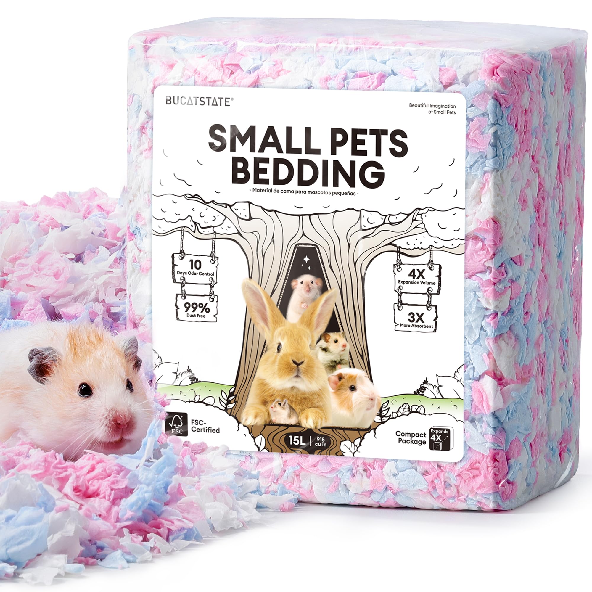 BUCATSTATE Hamster Bedding 15L, Truly 99% Dust-Free Small Animal Paper Bedding Odor Control, Cozy Hamster Litter for Rabbit Rat Syrian Dwarf Hamsters Gerbils (Cotton Candy)