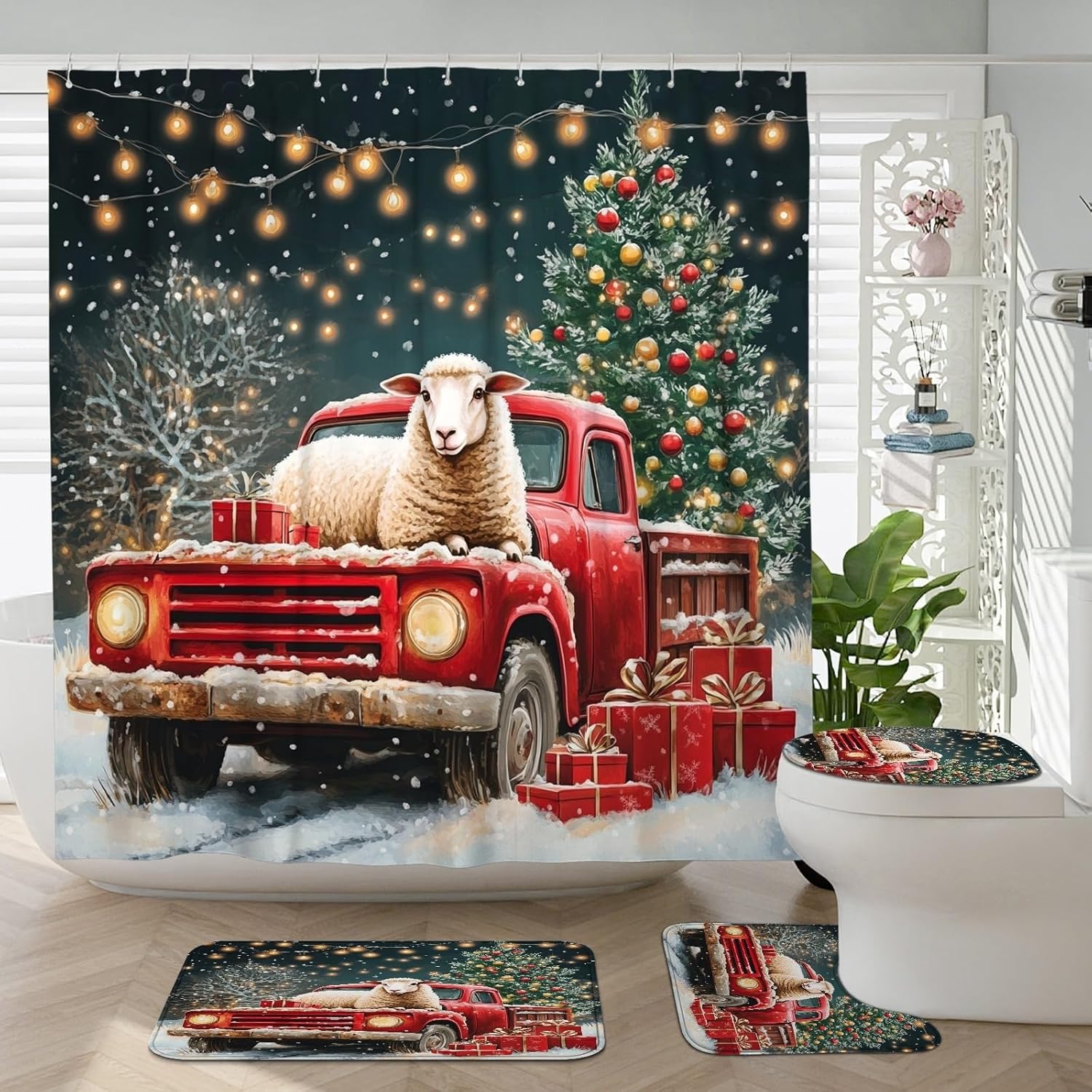 4PCS Fun Christmas Sheep Bathroom Sets, Bath with Non-Slip Rug, U Shape Toilet Lid Cover Mat, Farmhouse Truck Xmas Tree Bathroom Decor-72''x72''