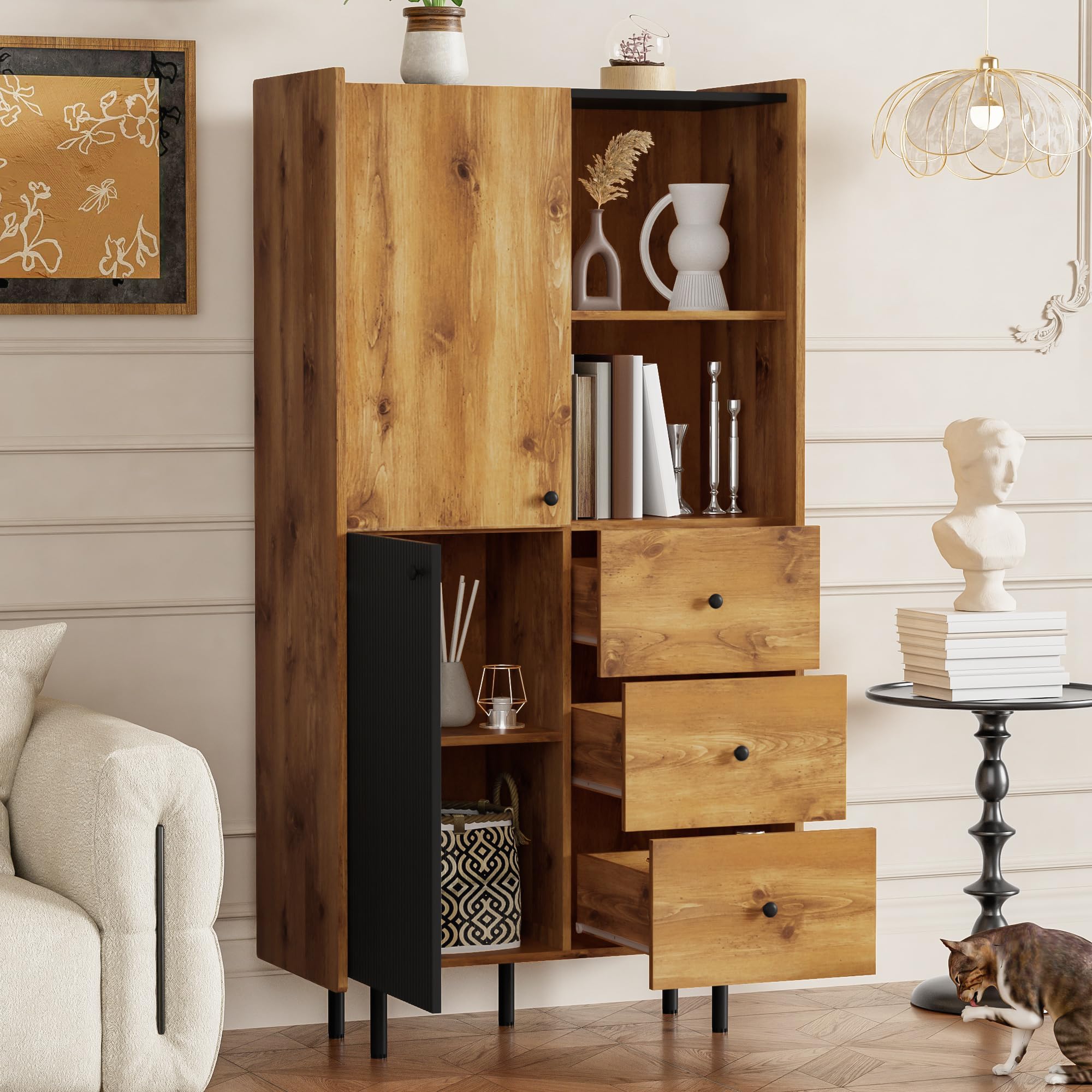 Credenza - altezza 160 cm, moderna credenza con due ante, TRE cassetti e scaffali aperti