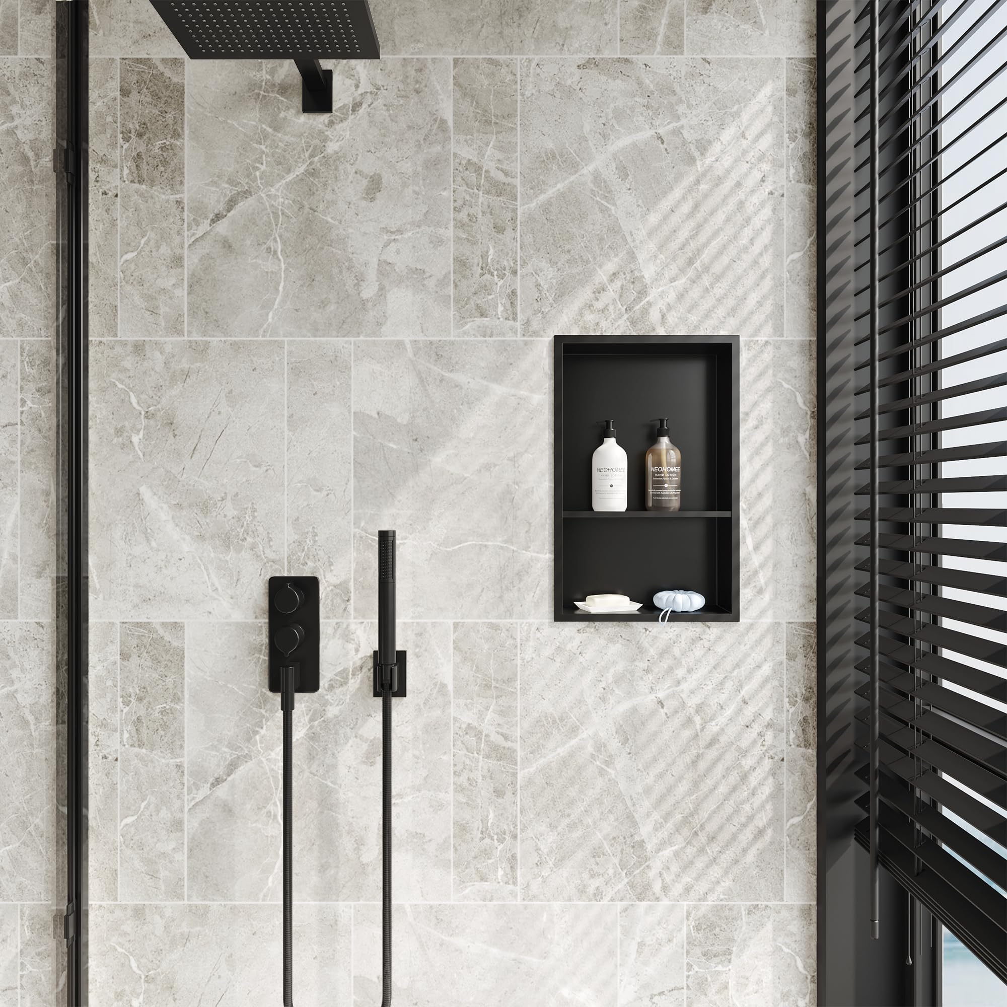 Neodrain Wandnische Dusche Edelstahl Duschnische Doppelnische Lagerung für Badezimmer 45 x 30, Schwarz