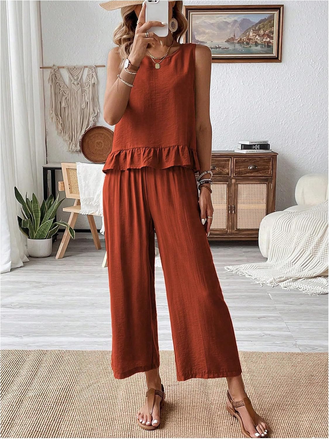 SweatyRocks Women's Summer 2 Piece Outfits Ruffle Hem Tank Top and Pants Matching Vacation Sets