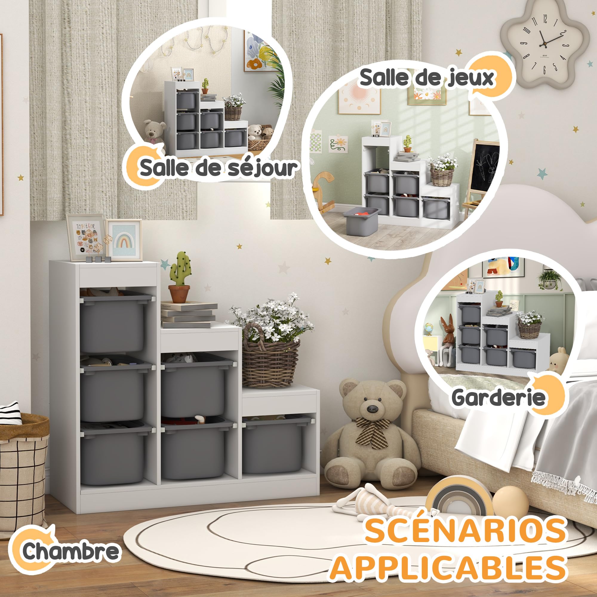 AIYAPLAY Meuble de Rangement pour Jouets avec 6 bacs Amovibles 3 Niveaux, Rangement de Jouets pour Enfants Nettoyage Facile, pour Les 3-8 Ans, Gris