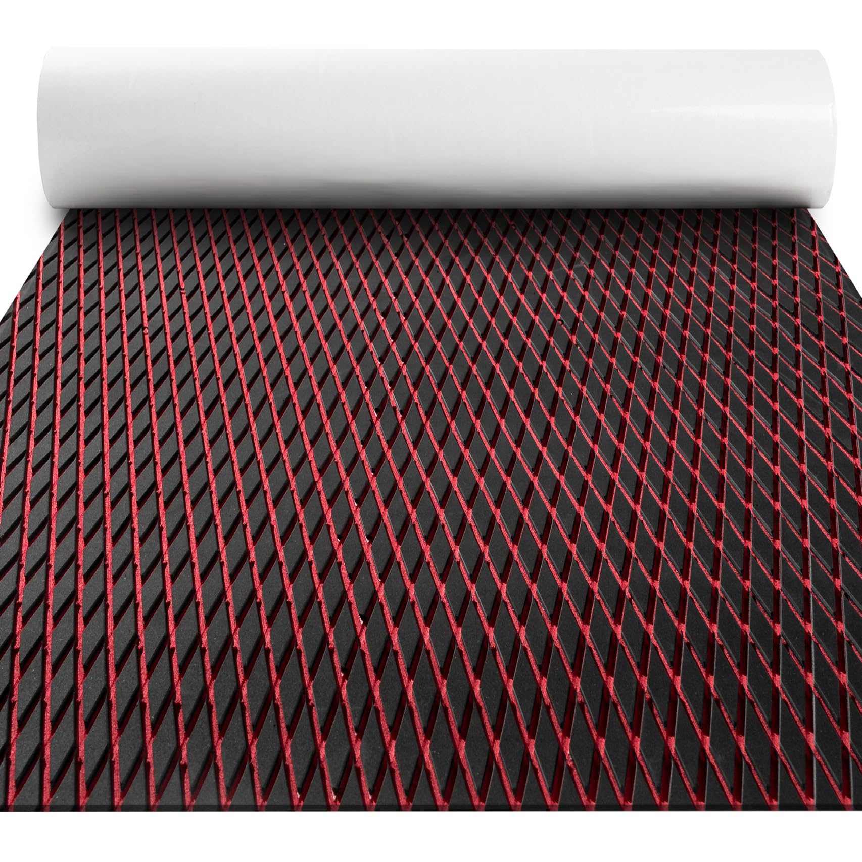 FOCEAN Boat Flooring - EVA Foam Boat Decking Sheet- Small Diamond Marine Deck Mats Self-Adhesive Grip Pad for Bass Boats Jon Boat Pontoon RV Yacht Kayak Surfboard Floor Black & Red Lines 94"x15"