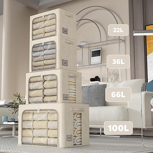 Miniatura 5 de FHSQX Paquete de 6 contenedores de almacenamiento de ropa con marco de metal, plegables para ropa, caja de almacenamiento de tela de lino con