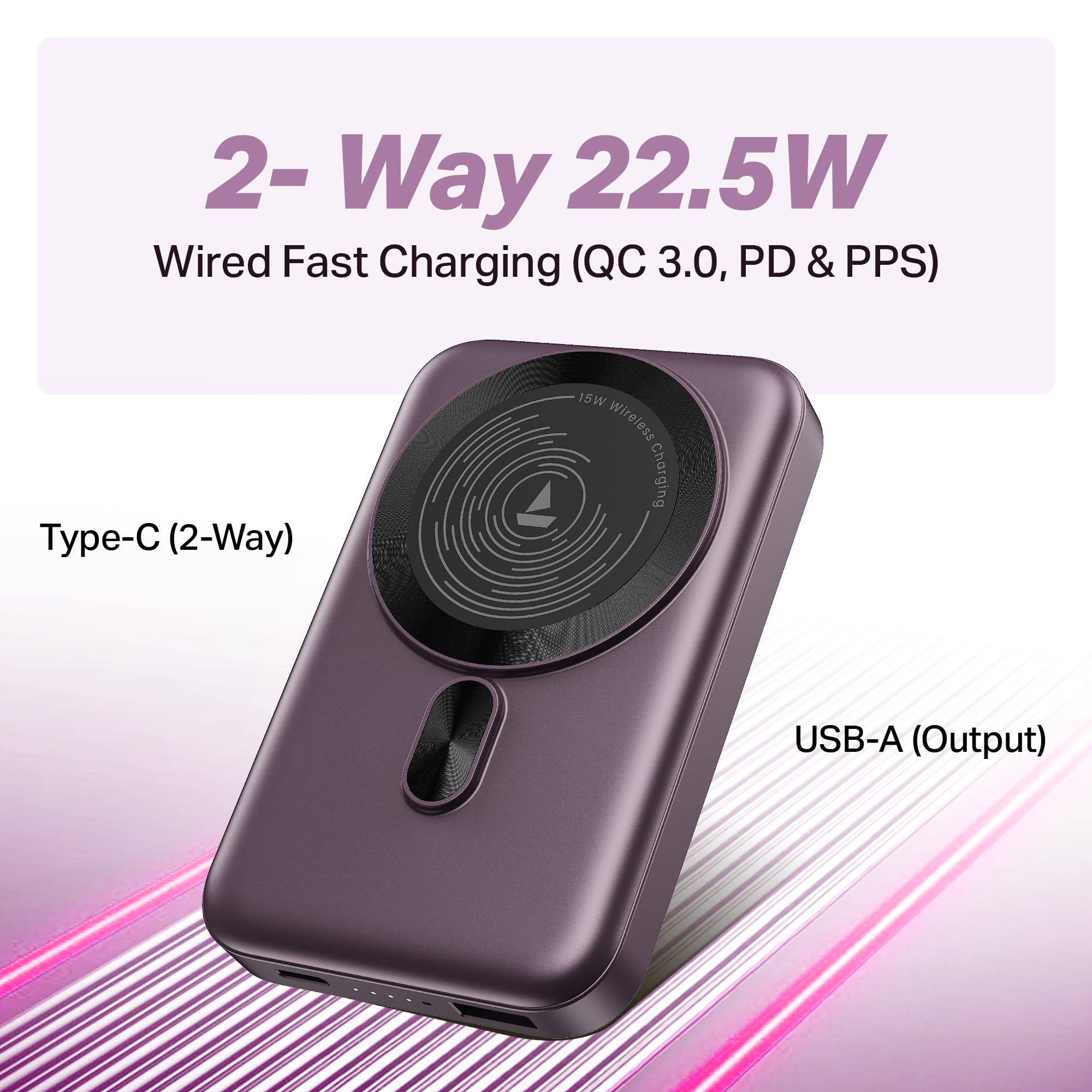 boAt EnergyShroom PB331 (Magsafe) 10000mAh Magnetic Wireless Powerbank, 15W Wireless & 22.5W Wired Charging for (iPhone 16, 15, 14, 13 & 12, Android & Other Qi Enabled Devices) (Purple) — Amazon image 3