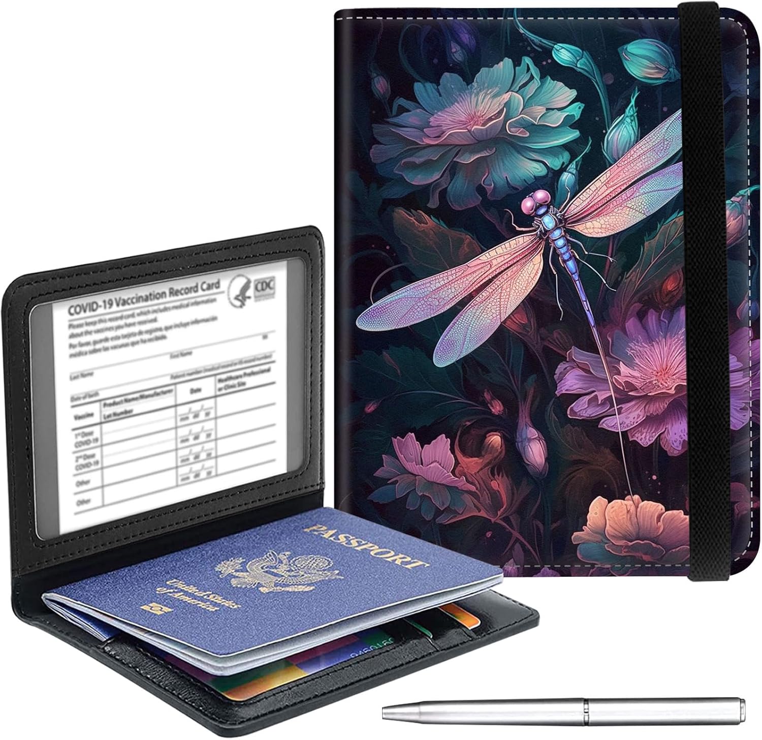 Passport Holder Cover Wallet Travel Essentials RFID Blocking Case Leather Passport Cover Wallet Vaccine Card Slot Organizer for Men Women, Dragonfly