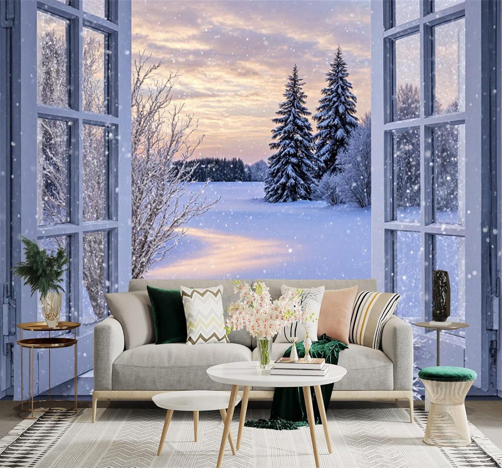 XLMING Window Pine Tree Sunset Sky Winter Snowy Landscape 3D Wallpaper Premium Textured Silk Study Dining Living Room Bedroom Sofa TV Wall Easy Install-400cm×280cm