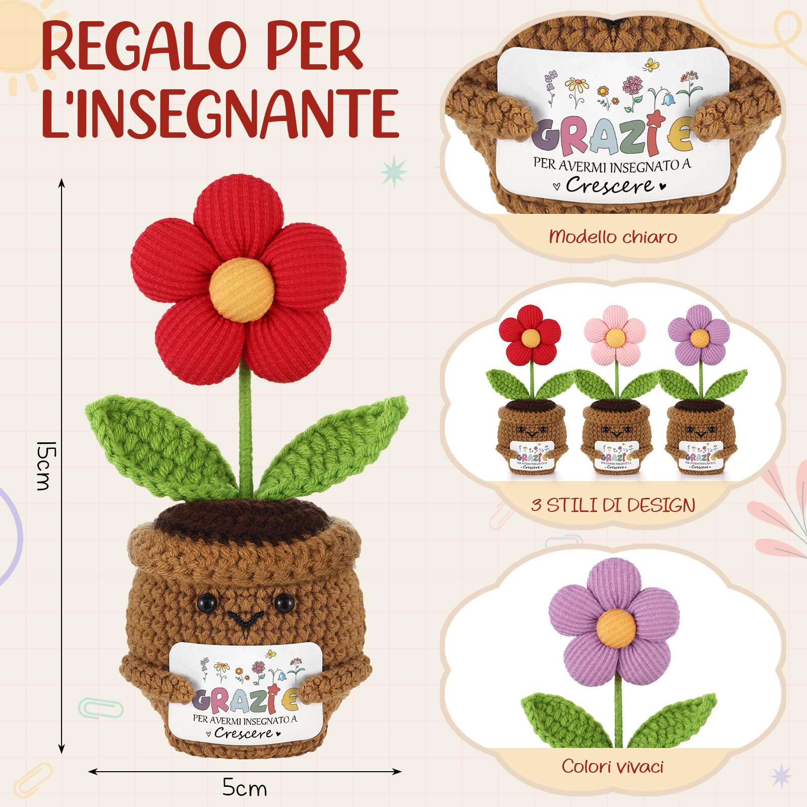 Jetec Regalo per Insegnante 3 Pianta Uncinetto con Fiore 3 Portachiavi con Ciondolo a Forma di Fiore 3 Biglietti di Auguri in Carta Kraft Maestra Feste e Celebrazioni Scolastiche