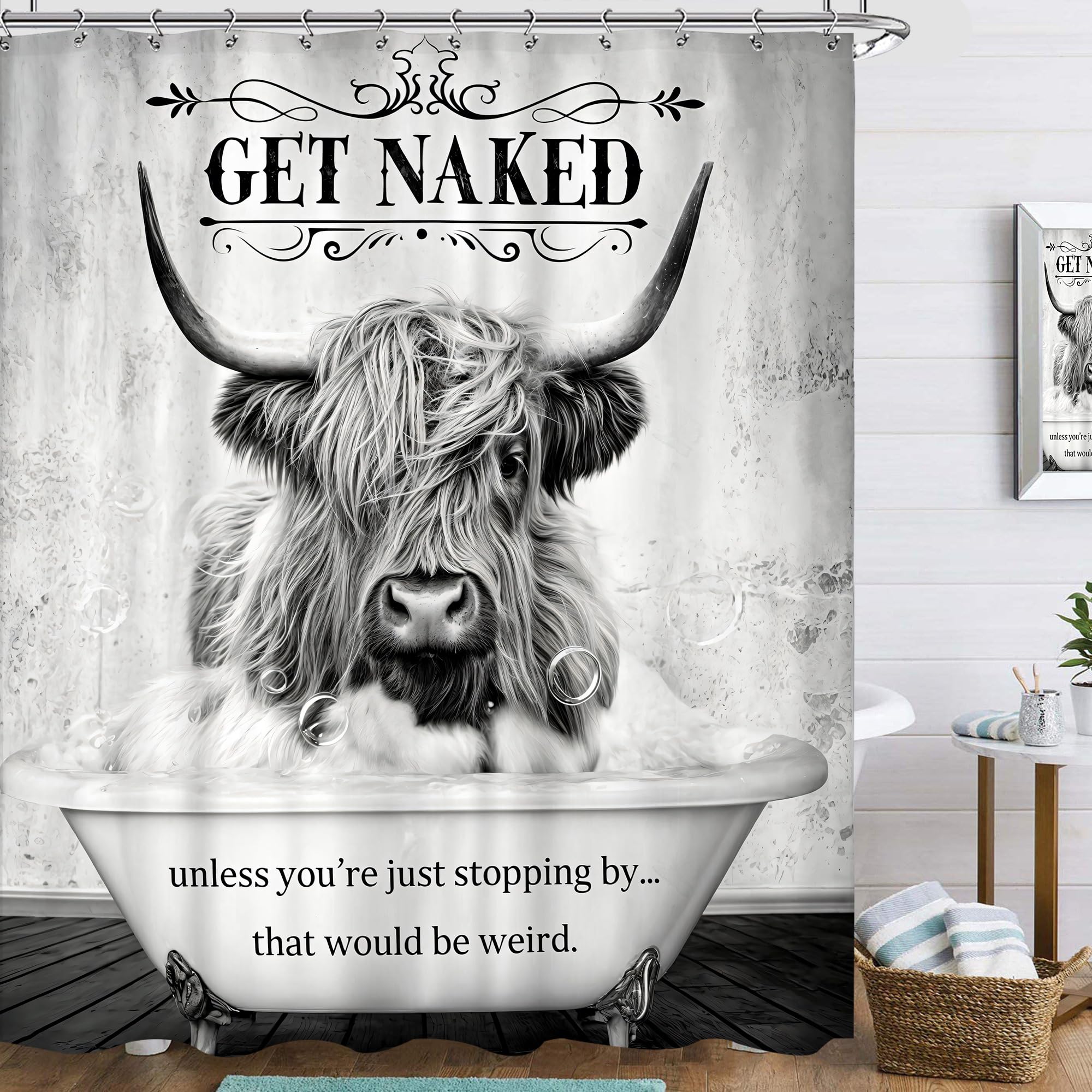 Famiffty 10 Grey Cow Bathtub Western Get Naked Highland Cow Shower Curtain 60Wx72l Inch Farmhouse Black White Grey Cattle Bull Country Vintage Wild Animals In Bathtub Bathroom Accessories Decor Waterproof Fabric 12 Hook