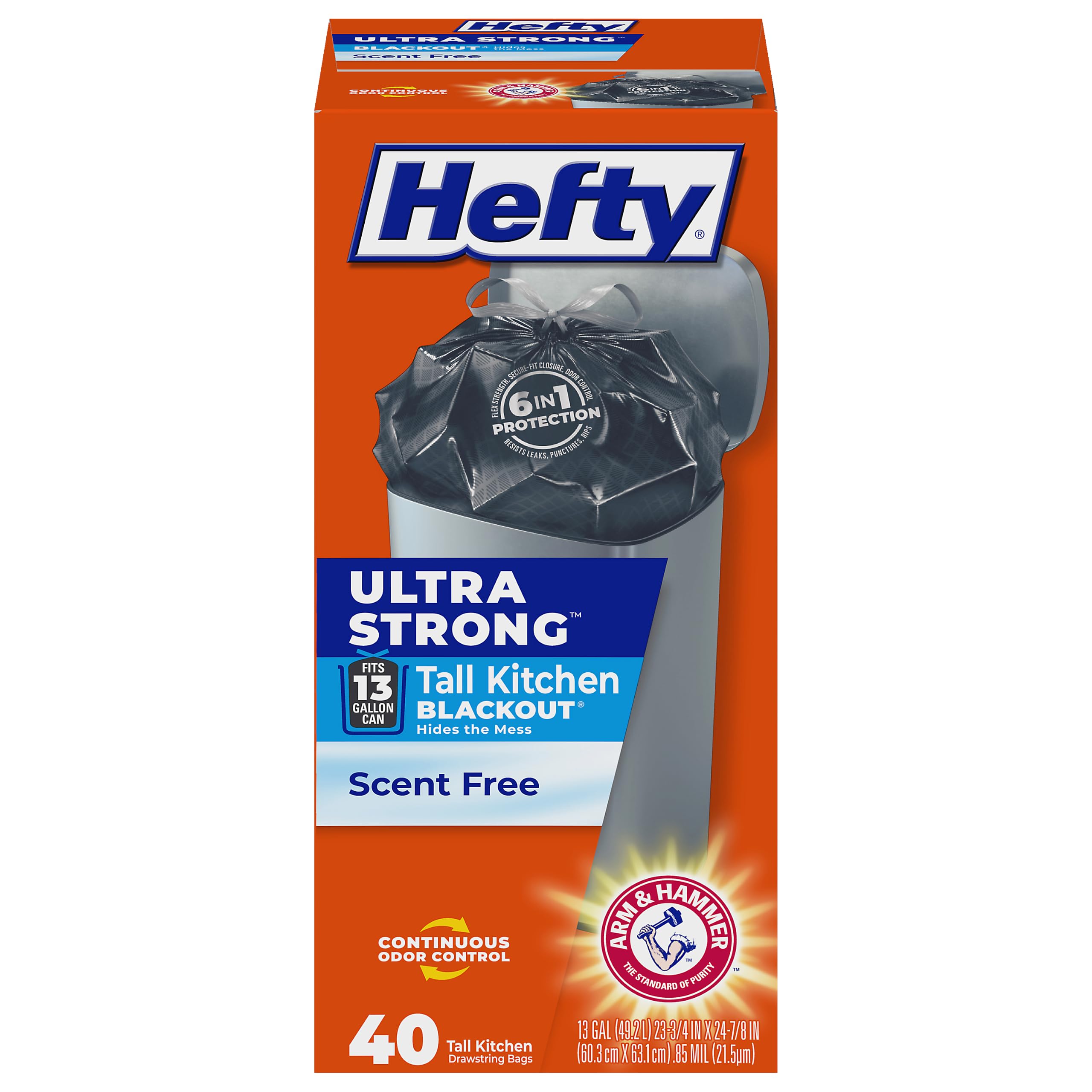 Hefty Ultra Strong Worki na śmieci kuchenne, 49 l, wysokie, odporne na rozdarcia, zamknięcie na sznurek, stała kontrola zapachu, nieprzepuszczalne, bezzapachowe, 40 worków