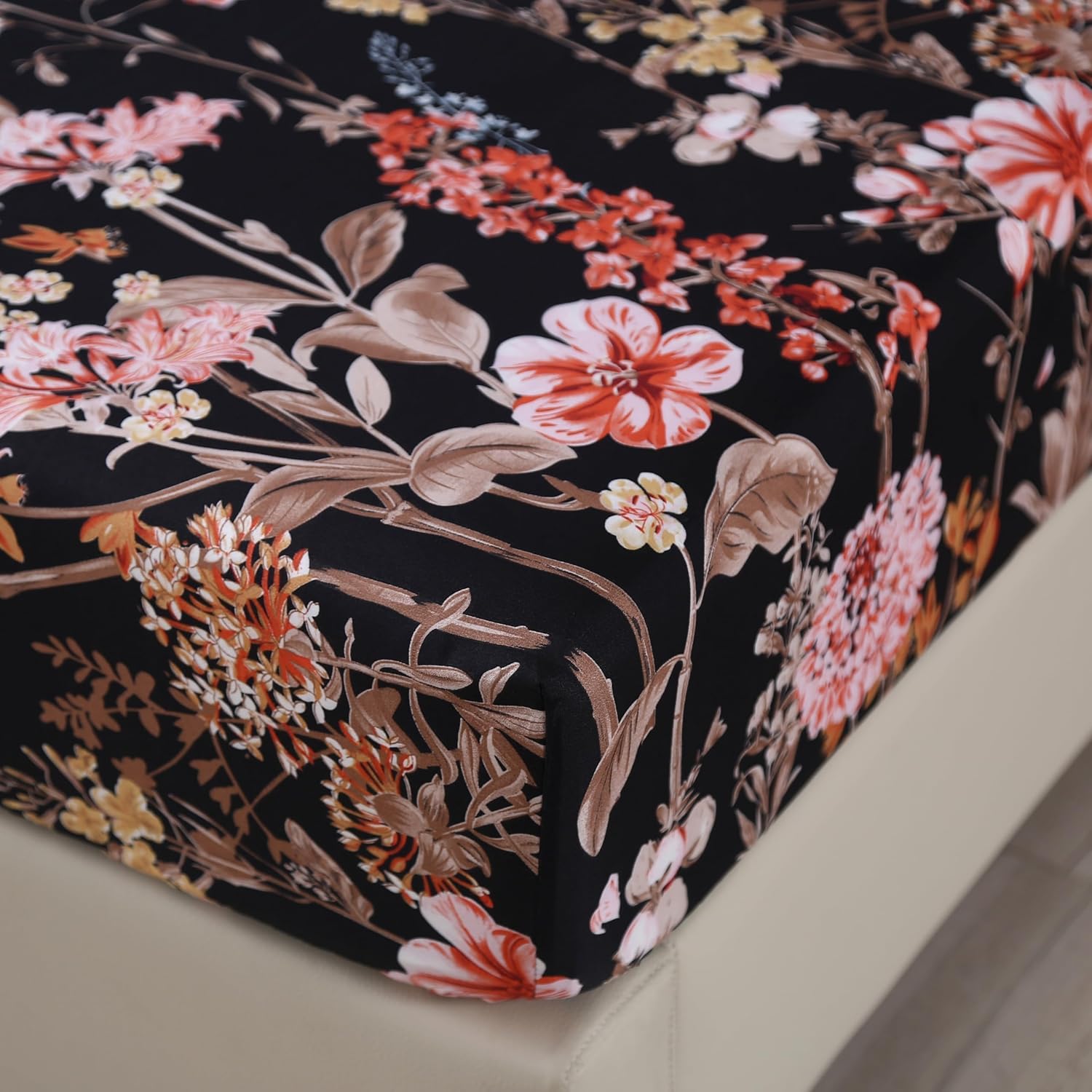 MAG 3pcs Black Floral Full Bed Sheet,Microfiber Flower Bedding Sheet Set,Boho Full Size Bed Sheets with1 Fitted Sheet and 2 Pillowcases,14 Inches Deep (Black, Full) - Image 4