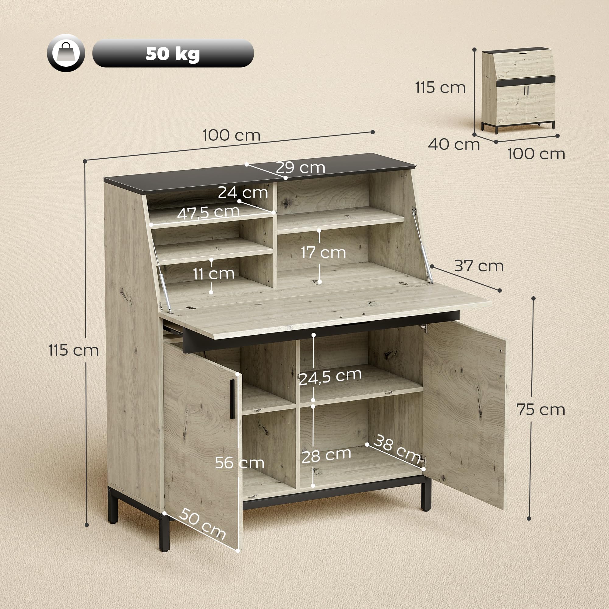 HOMCOM Sekretarzyk 100 cm z półkami Naturalne drewno+Czarny