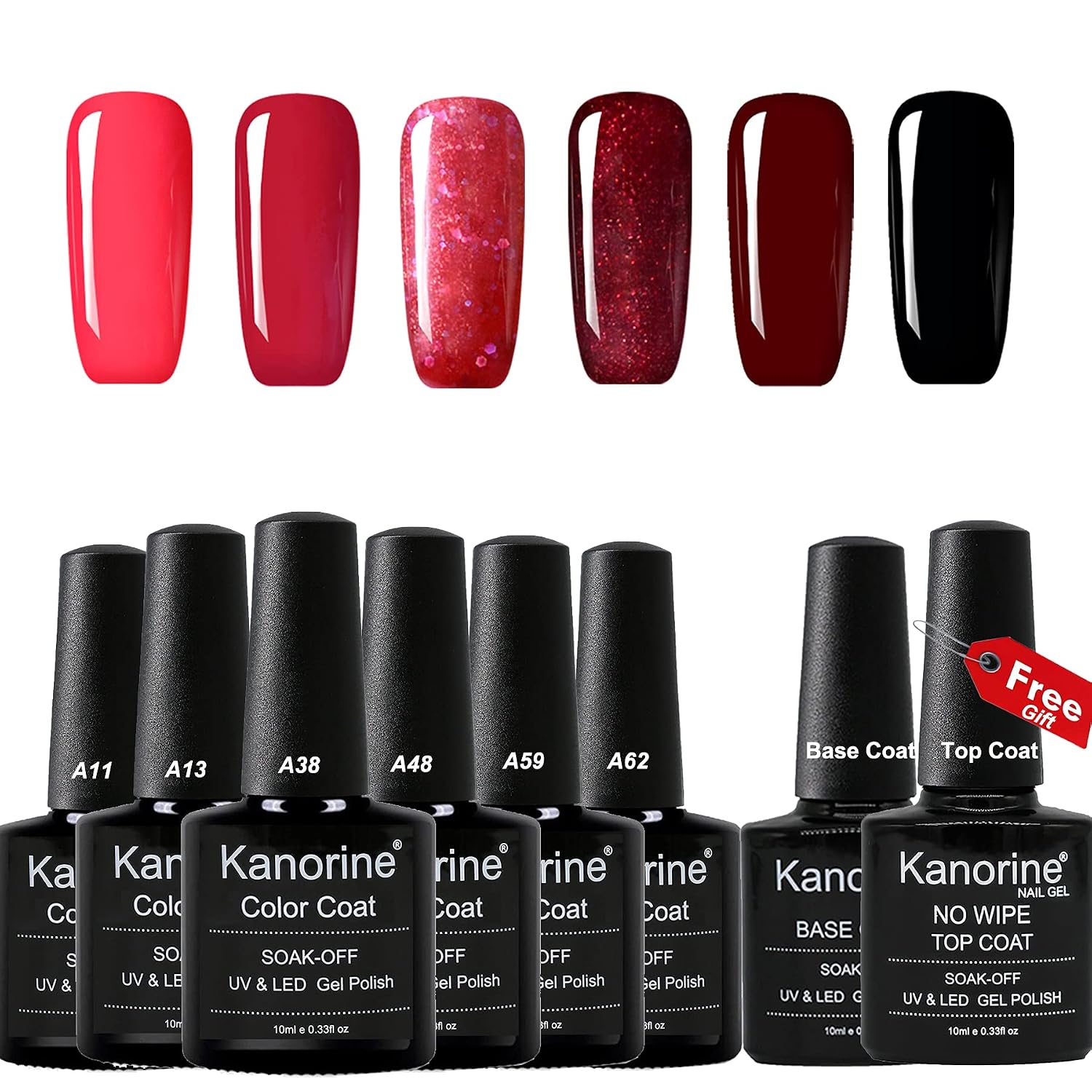 Kanorine™ 8pcs Nail Gel Polish Set (6 Colors + Base & top Coat) Soak Off UV/LED Gel Nail Polish Long Lasting Gel Varnish Manicure Set 10ml x8pcs