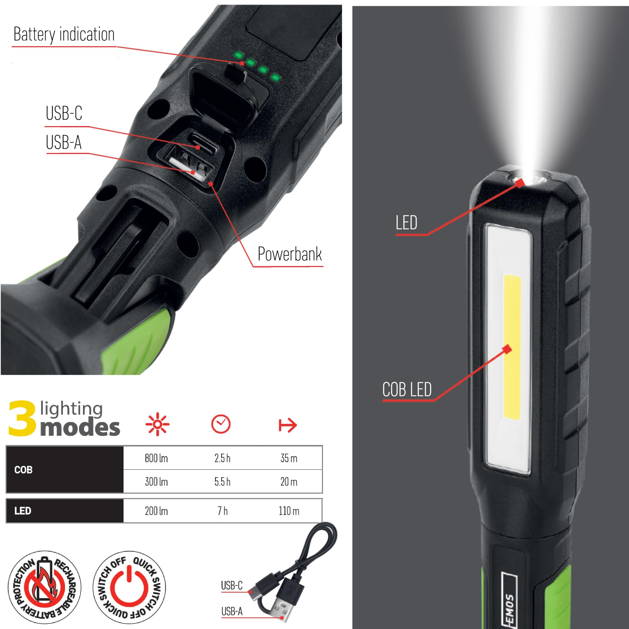 EMOS Wodoszczelna lampa robocza LED, ładowalna lampa warsztatowa z zginaną nóżką, hakiem i magnesem, 800 lm, zasięg świecenia 110 m, akumulator 2000 mAh z 7 godzinami świecenia i kablem do ładowania,