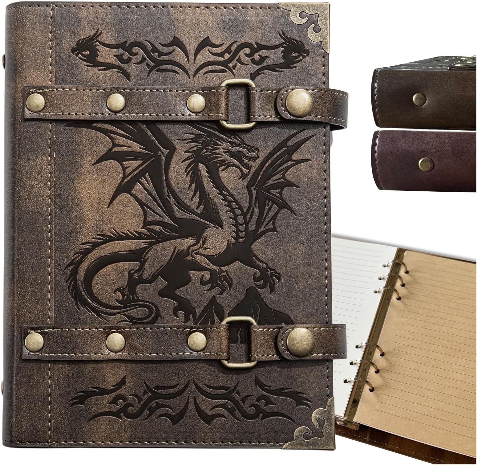 DND Notebook Dragon Journal for Dungeons And Dragons/D&D Accessories Gifts refillable Leather 400 Pages A5 Personalized Notebook for Men and Women (1-Khaki-Dragon)