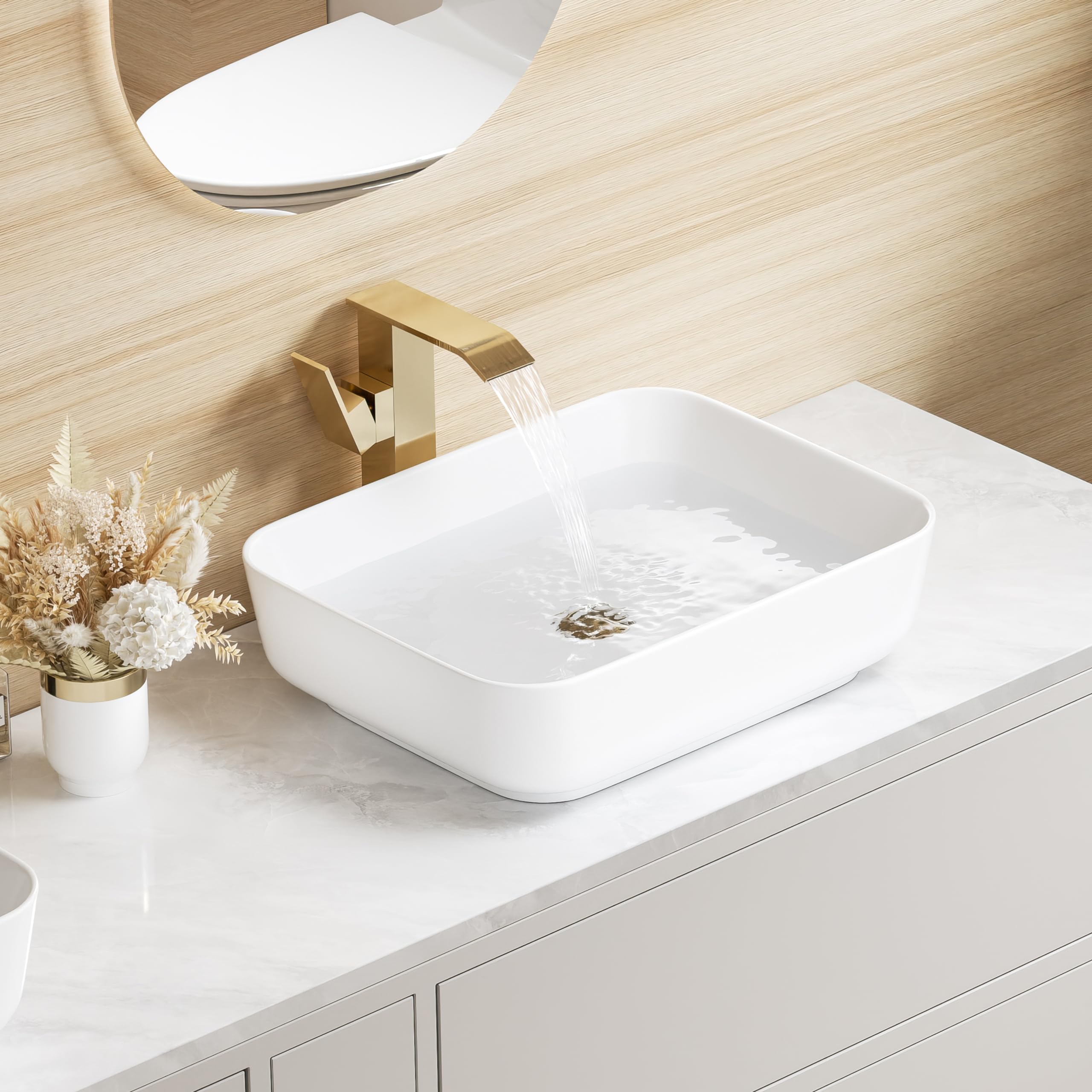 Eridanus Lavabo de encimera rectangular, lavabo cuadrado de cerámica para baño, recipiente para WC, armario, lavabo, blanco brillante – 500 x 390 x 140 mm