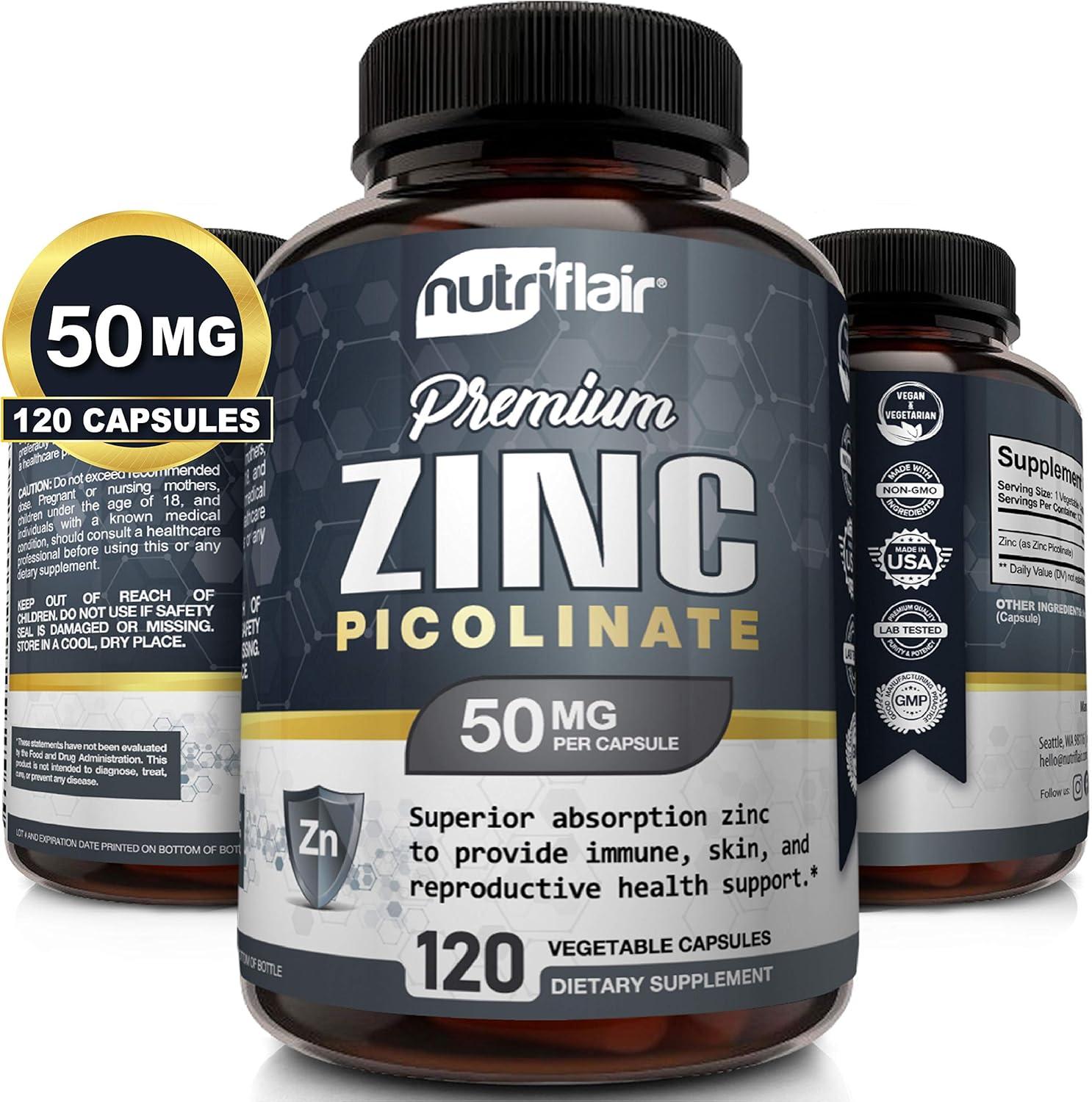 NutriFlair Zinc Picolinate 50mg, 120 Capsules - Maximum Absorption Zinc Supplement Pills - Immune System Booster, Immunity Defense, Powerful Non-GMO Antioxidant - Compare to gluconate, Citrate, Oxide : Health & Household