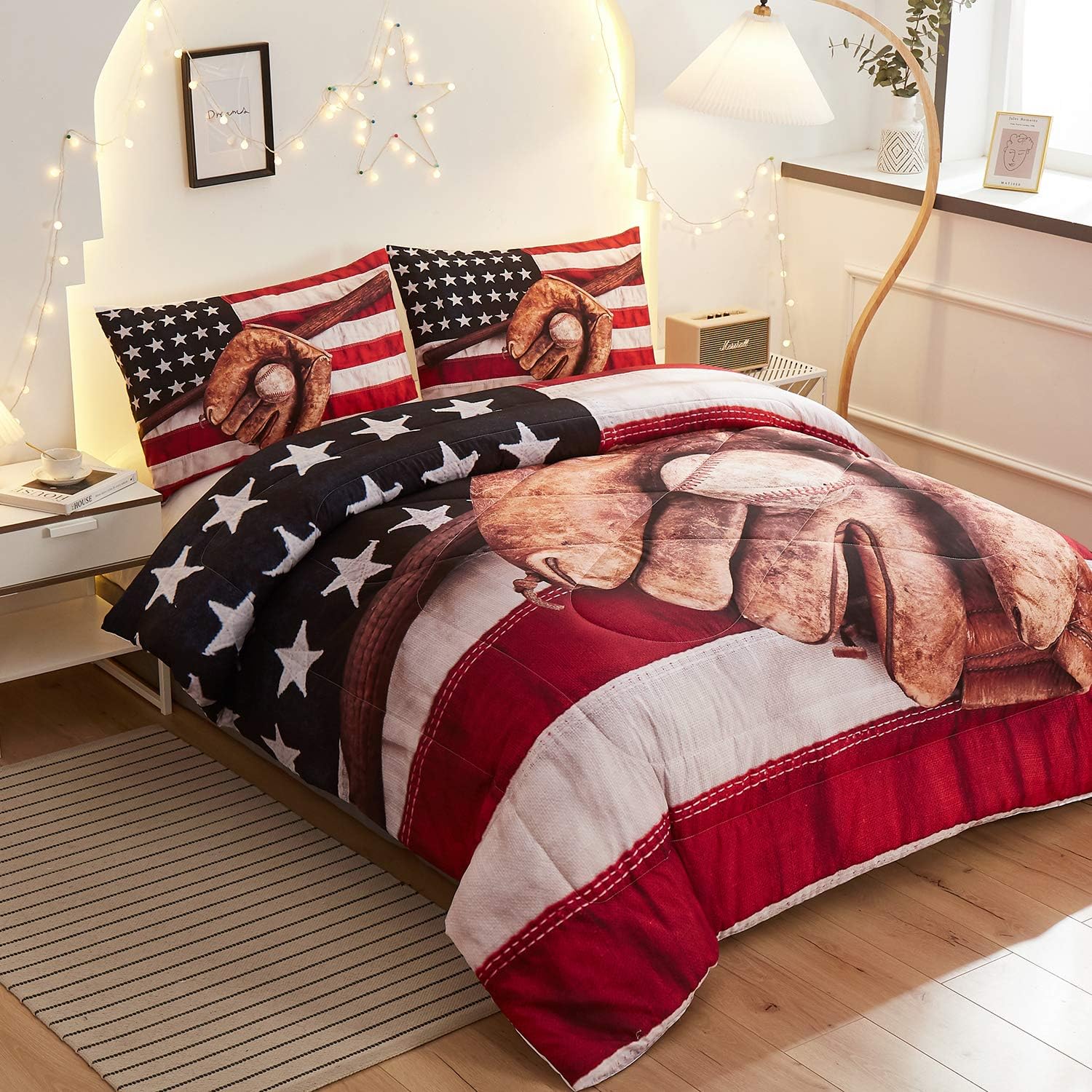 Namoxpa Baseball American Flag Comforter Sets,Baseball Bat and Ball on Foreground of Star-Spangled Banner National Sports,Decorative 3 Piece Bedding Comforter Sets with 2 Pillow Shams,Queen Size