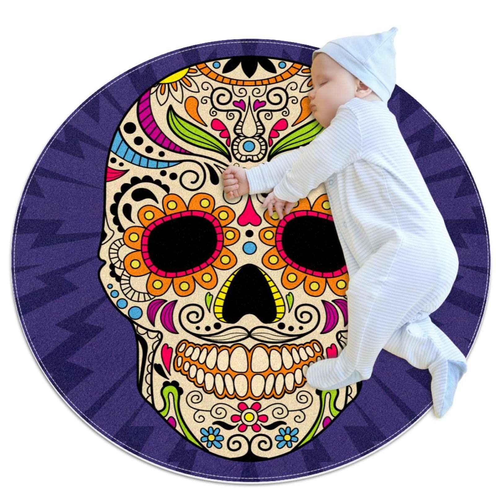Tapis mexicain tête de mort antidérapant rond 1m pour chambre enfant et canapé