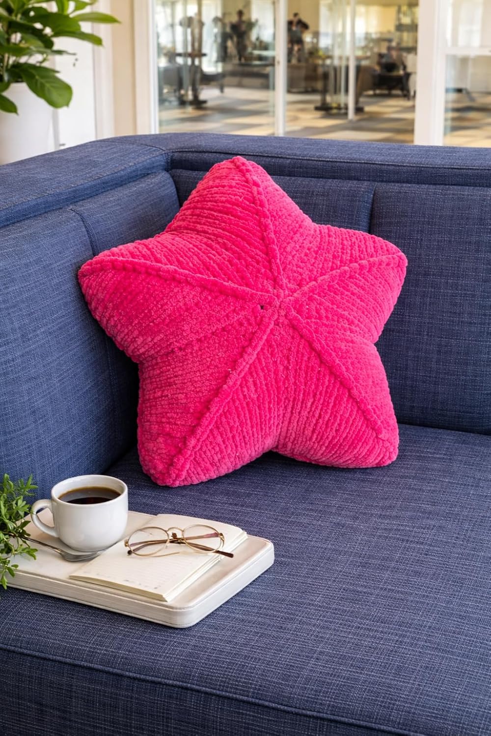 Handmade Knitted Star Shaped Throw Pillow, Decorative Cushion 15 inch