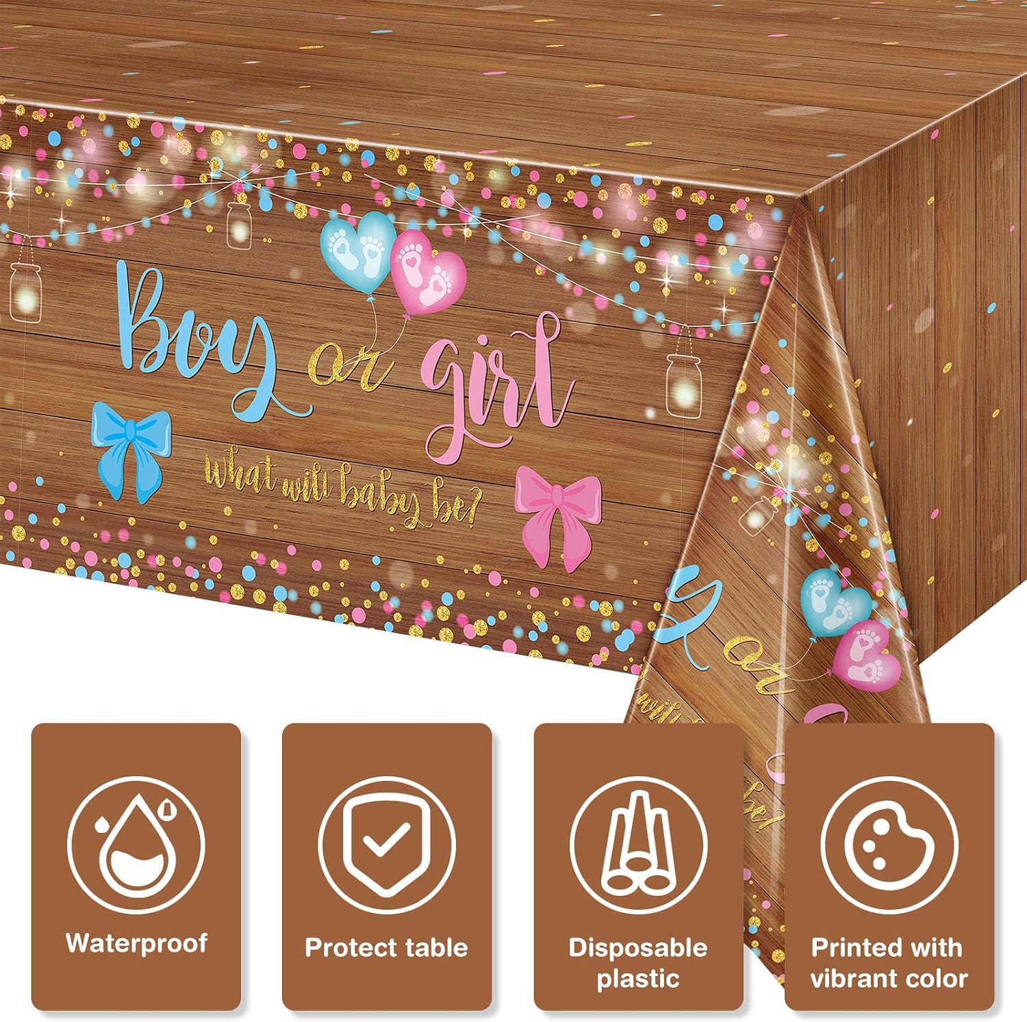 Tiamon 3 Pcs Gender Reveal Table Cloths - Boots or Bows Gender Reveal Decorations Party Supplies 54 x 108 in Plastic Pink and Blue Disposable Boy Girl What Will Baby Be Table Cover Cowboy Baby Shower image 3