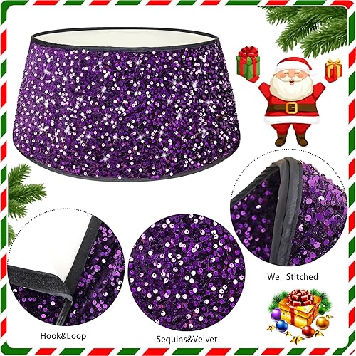 Miniatura 5 de Collar de árbol de Navidad de 23.6 pulgadas, anillo de cubierta de árbol de color morado para Halloween, fiesta en casa, falda de árbol de