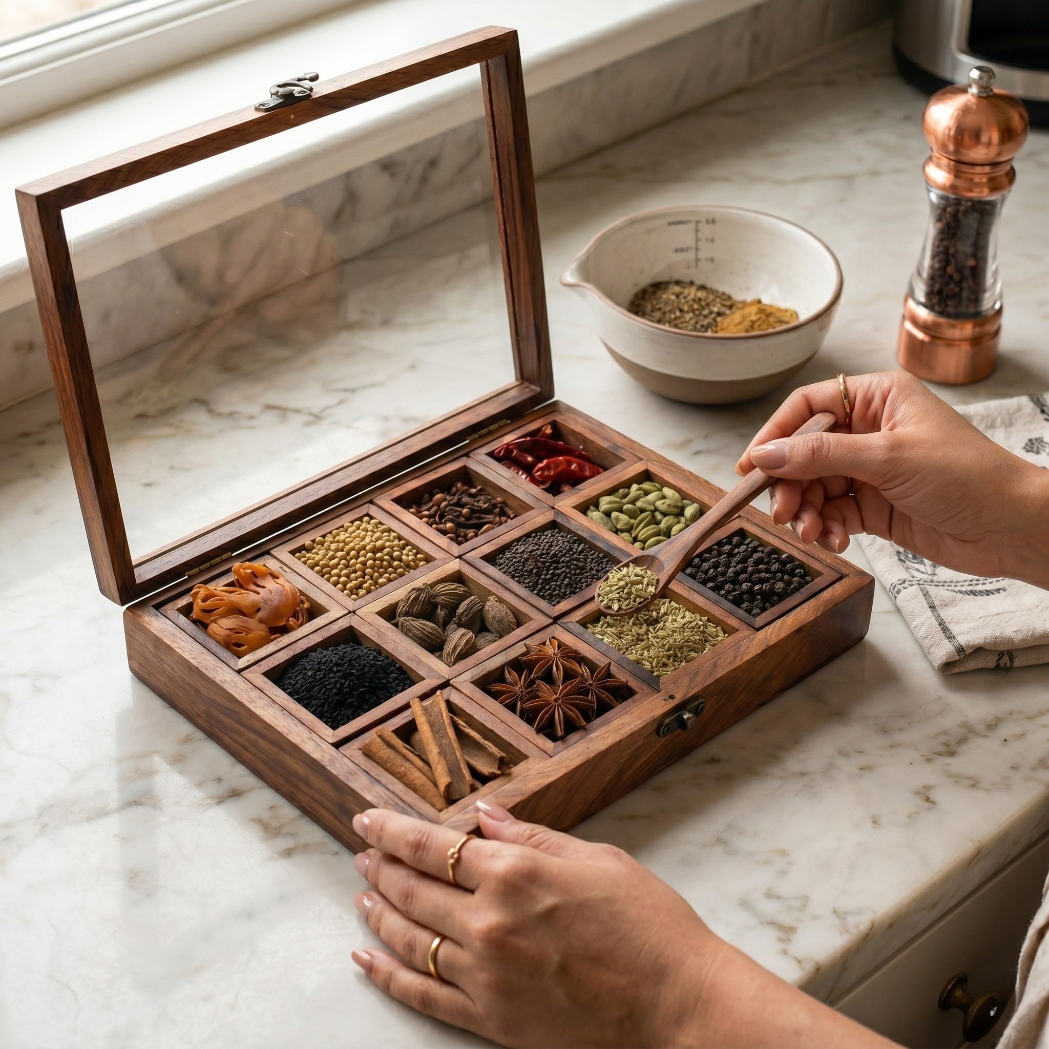TOM Taste of Maa Spice-Fit, Whole Spices filled in a Sheesham Wood Spice Box- (12 Detachable Box) 1.6 kg 1