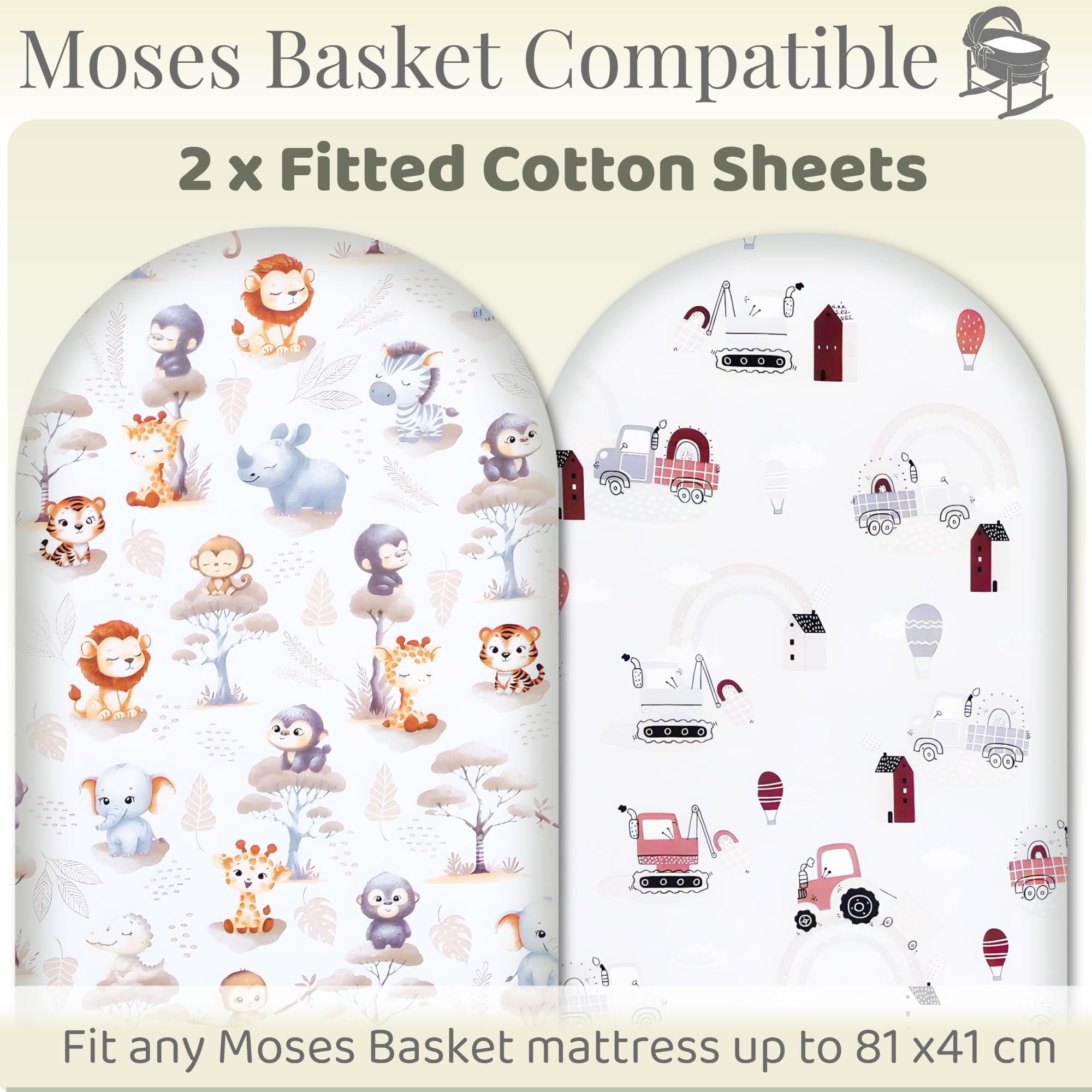 Moses Basket Fitted Sheets, 100% Pure Cotton, Soft & Breathable Baby Bedding Set - Image 2