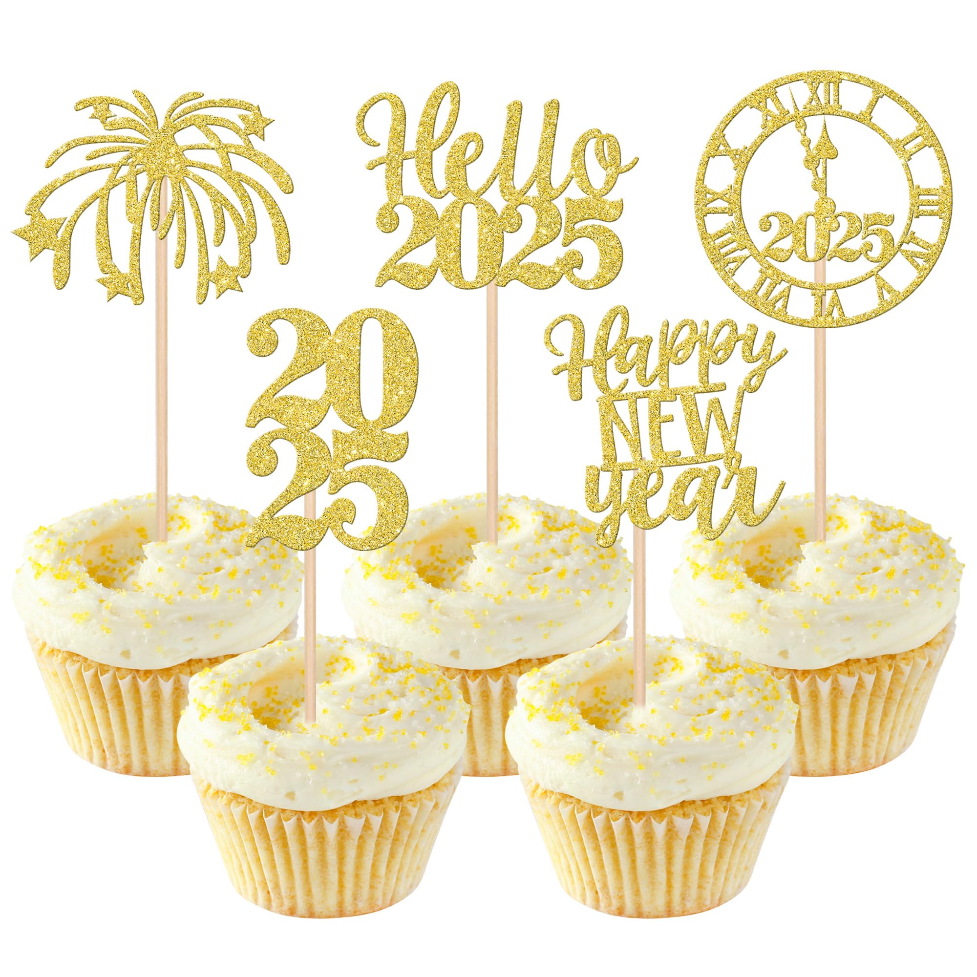 30 PCS Happy New Year 2025 Cupcake Toppers Glitter Cheers to 2025 Fireworks Clock Hello 2025 Cupcake Picks Happy New Year Holiday Theme Party Cake Decorations Supplies Gold