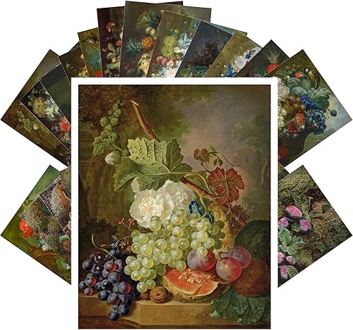 PIXILUV Postales vintage 24 piezas de flores y frutas todavía vida antigua museo pintura arte de Oliver Retro Poster REPRINT Negro