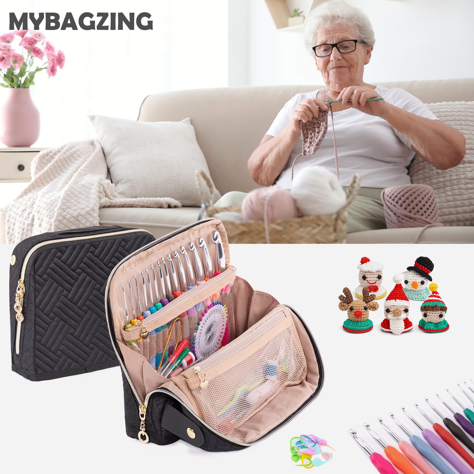 MYBAGZING Etui na szydełko z 14 rozmiarami, zestaw 2 mm (B)-10 mm (N), ergonomiczne szydełkowanie z futerałem na szydełko, zestaw dla miłośników szydełkowania, zestaw do szydełkowania dla