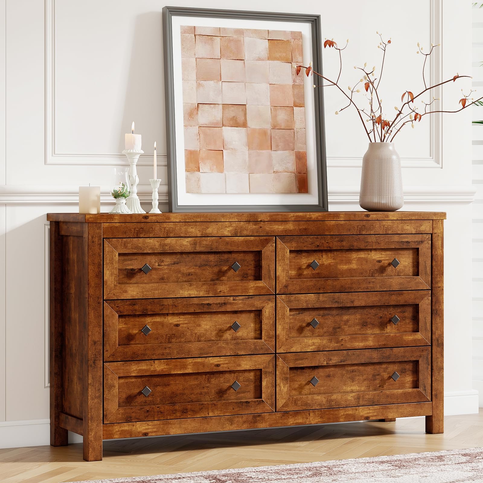 Diagram showing the dimensions of the LUXOAK 6-drawer dresser: 15.7 inches deep, 54 inches wide, 31.4 inches high. Also shows desktop load capacity of 250 lbs and drawer load capacity of 34 lbs.