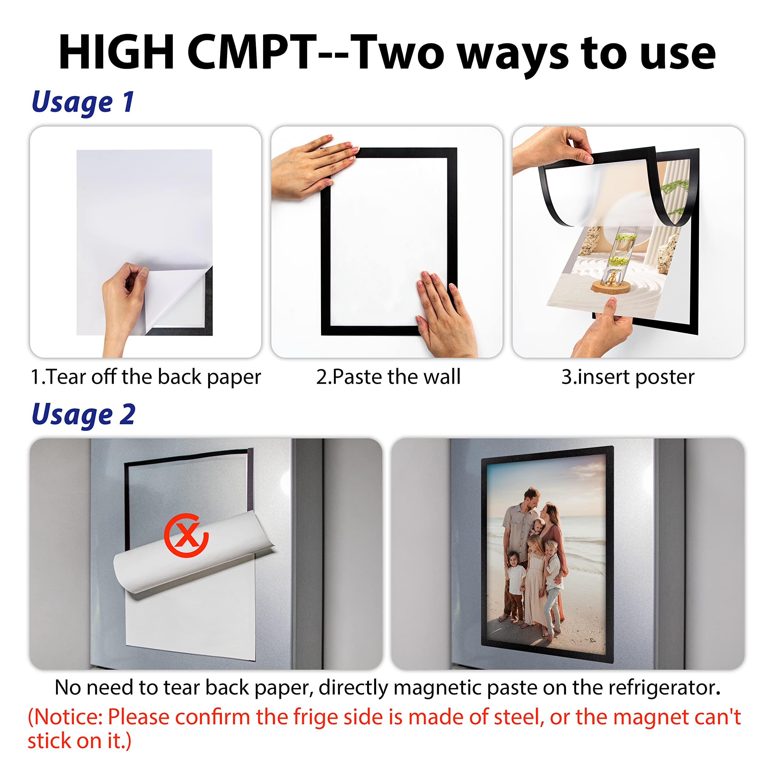Samoprzylepna magnetyczna ramka ekspozycyjna A3, magnetyczny uchwyt na papier z mocną magiczną bordiurą, magnetyczna ramka na lodówkę na ścianę, drzwi, płytki, lodówkę, szafkę, uchwyt na znaki okienne (10 szt., czarna)