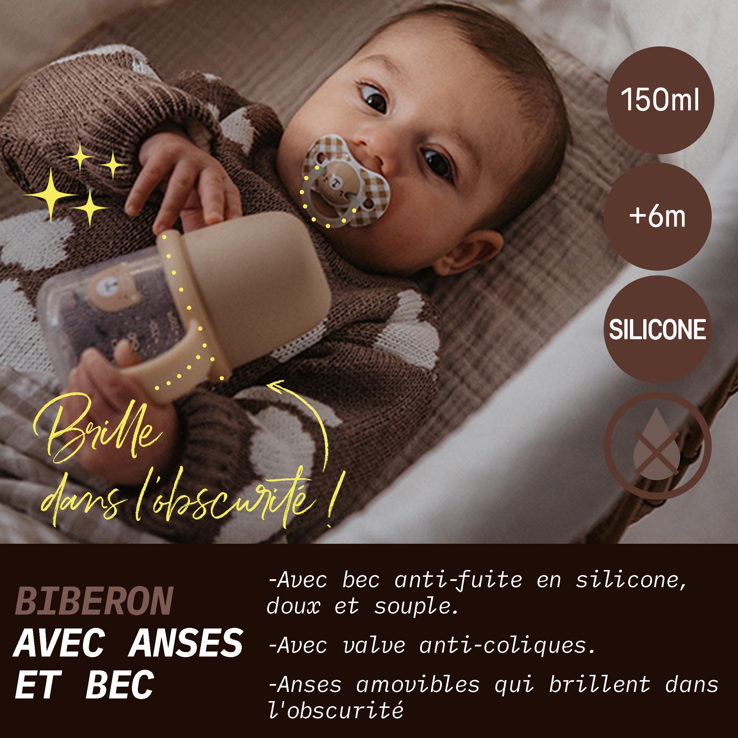 Suavinex, Tasse Apprentissage Bébé, Biberon avec Poignée, Brillent dans le Noir, Gobelet avec Bec Anti-fuites en Silicone, avec Valve Anti-Colique, pour Bébés +6 Mois, Idéal Nuit, 150 ml, Beige