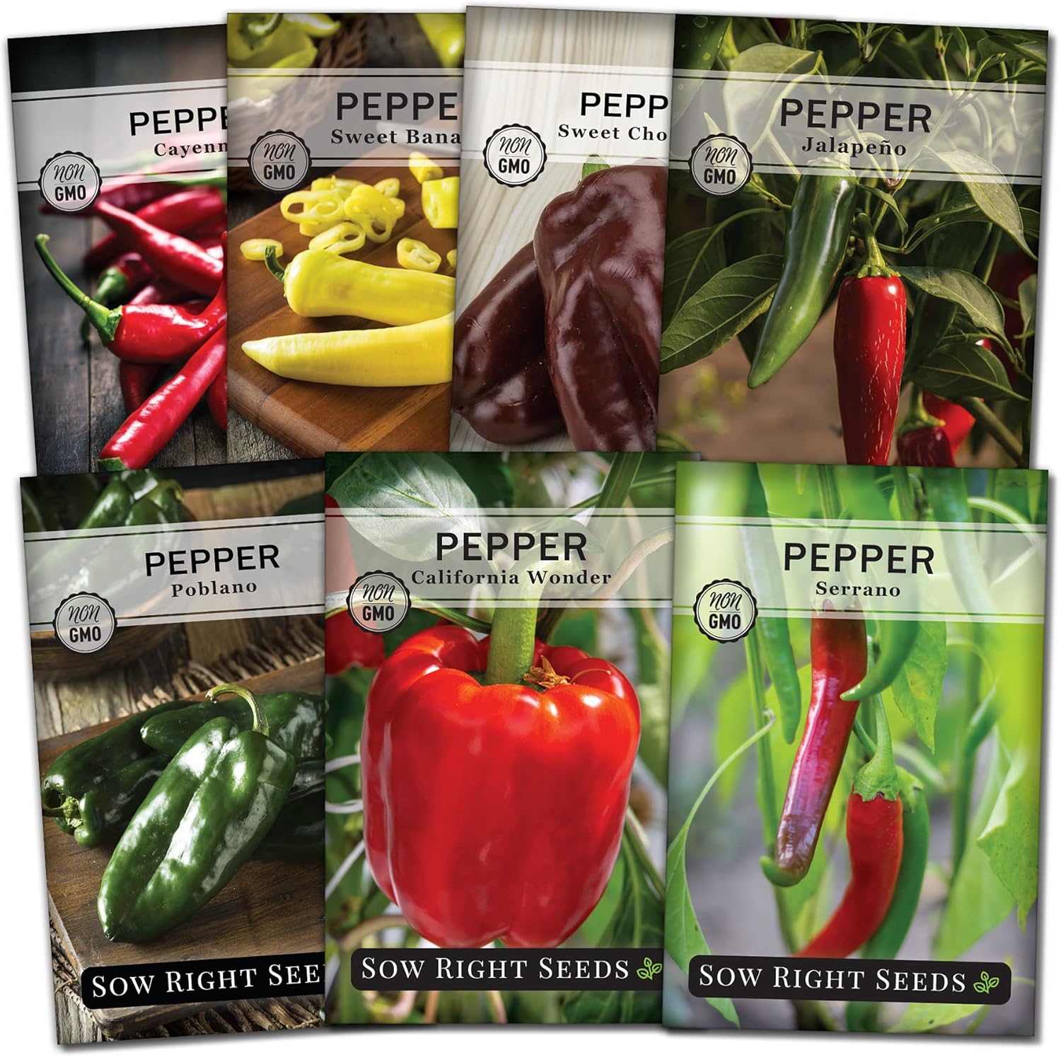 Sow Right Seeds - Pepper Seed Collection for Planting - Packets of Banana, Chocolate, Cayenne, California Wonder, Jalapeno, Poblano, and Serrano, Non-GMO Heirloom Seeds to Plant Home Vegetable Garden : Patio, Lawn & Garden