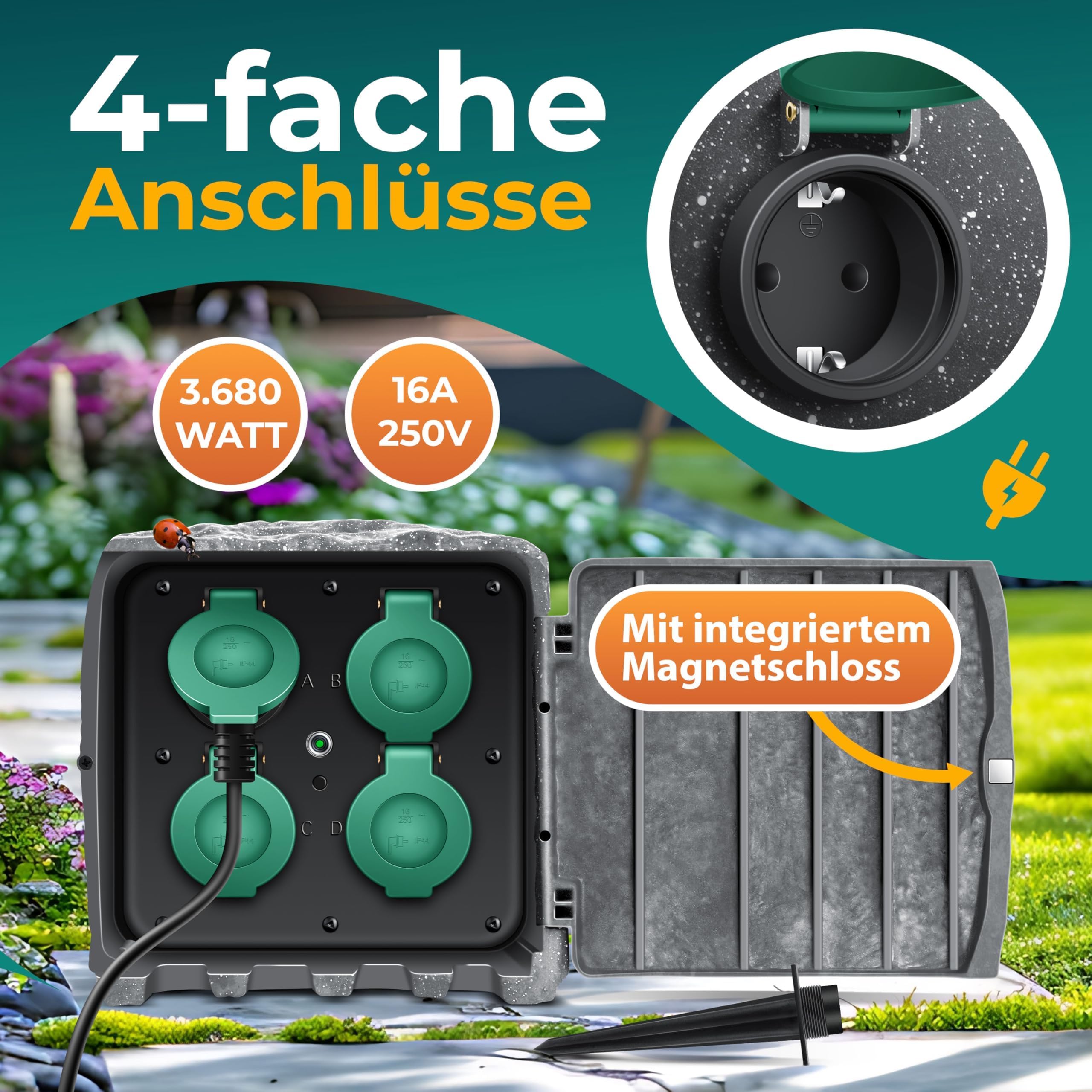 KESSER Zócalo de jardín con aspecto de piedra con 4 enchufes - con función wifi control a través de la aplicación - kit de montaje, enchufes múltiples exteriores con cable de extensión de 3 m toma de
