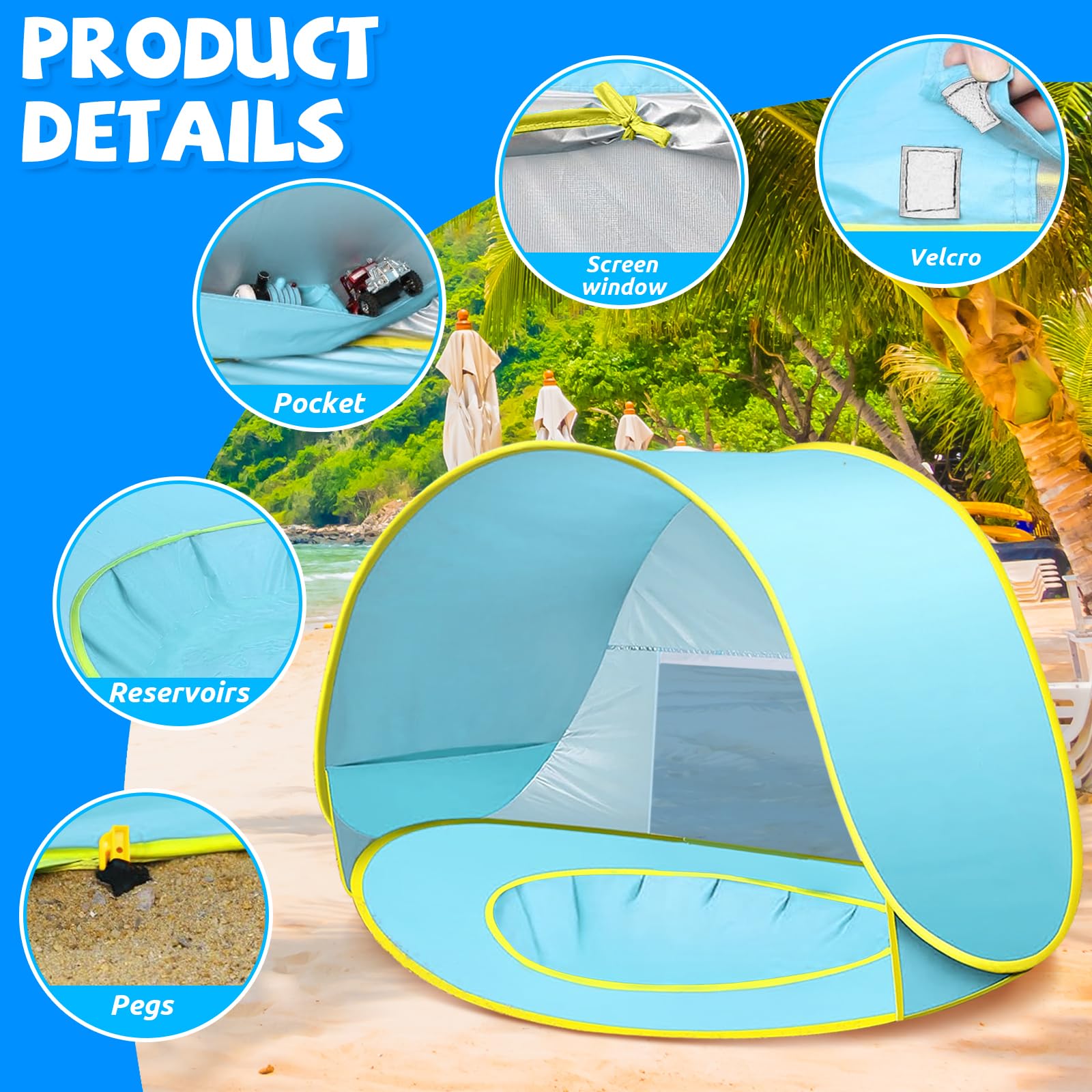 Tente de Plage Pop-up, Tente de Plage Anti UV, Automatique, Facile à Installer, Convient pour la Famille, Le Pique-Nique, Le Camping (Bleu)