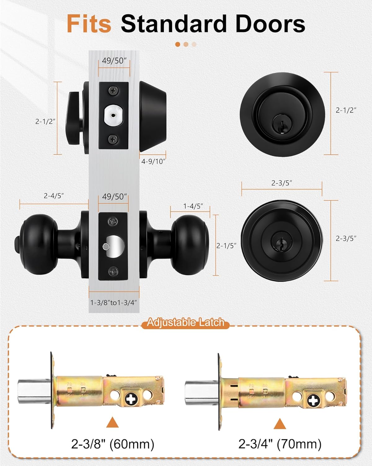 Probrico Black Door Knob and Single Cylinder Deadbolt with Same Key, Keyed Alike Entry Door Locksets with Knob and Deadbolt for Front Door, 3 Pack