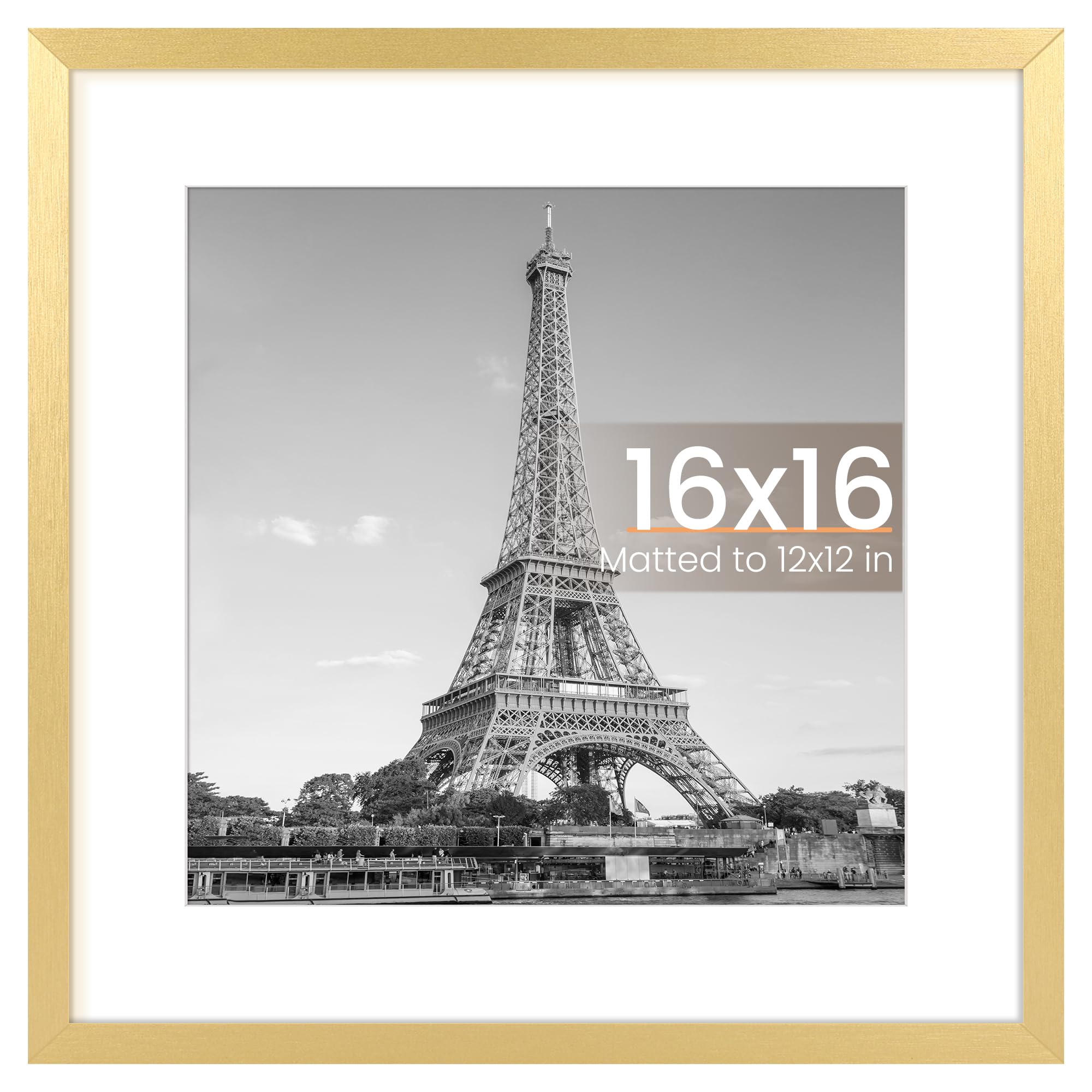 upsimples 16x16 Picture Frame, Display Pictures 12x12 with Mat or 16 x 16 Without, Wall Hanging Square Frames, Gold, 1 Pack