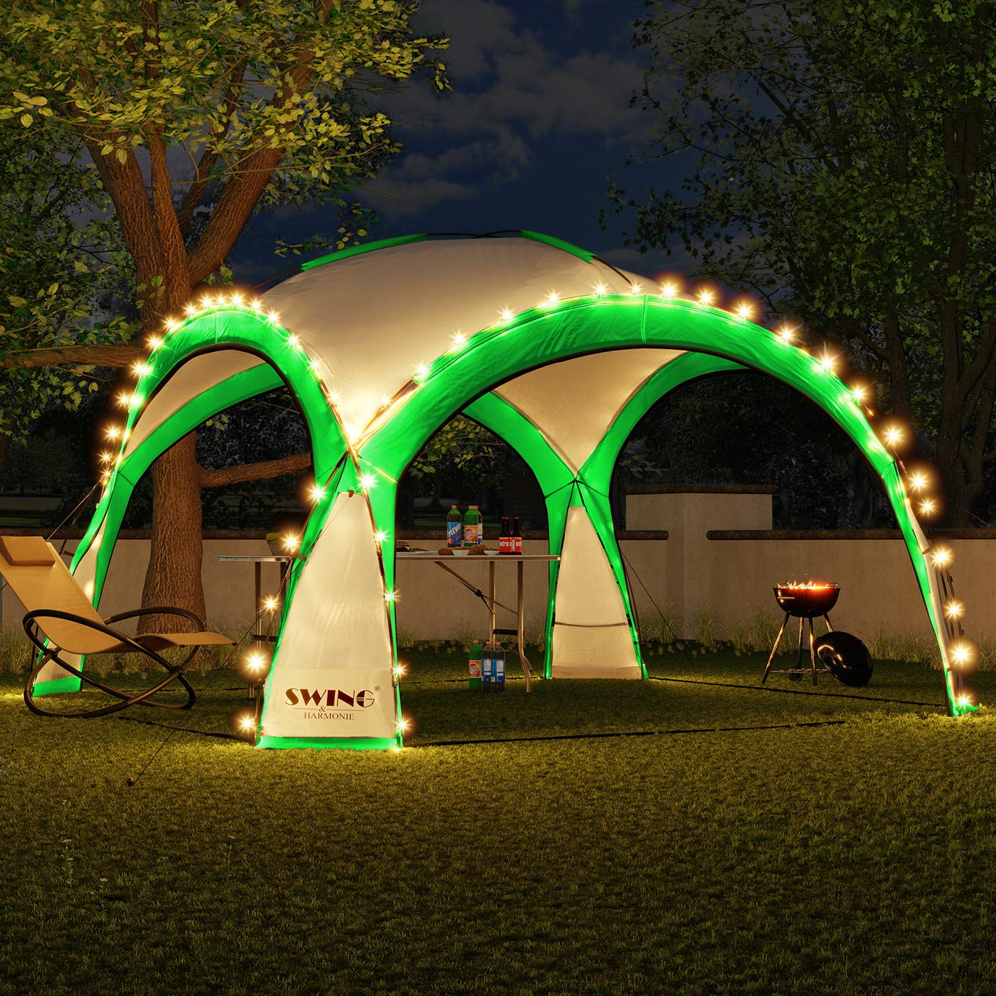 XXL LED Event Pavillon 4,5 x 4,5m DomeShelter Garten Pavillion inkl. Solarmodul Pavilion Designer Gartenzelt Camping Pavilon Partyzelt mit Beleuchtung (450cm - grün)