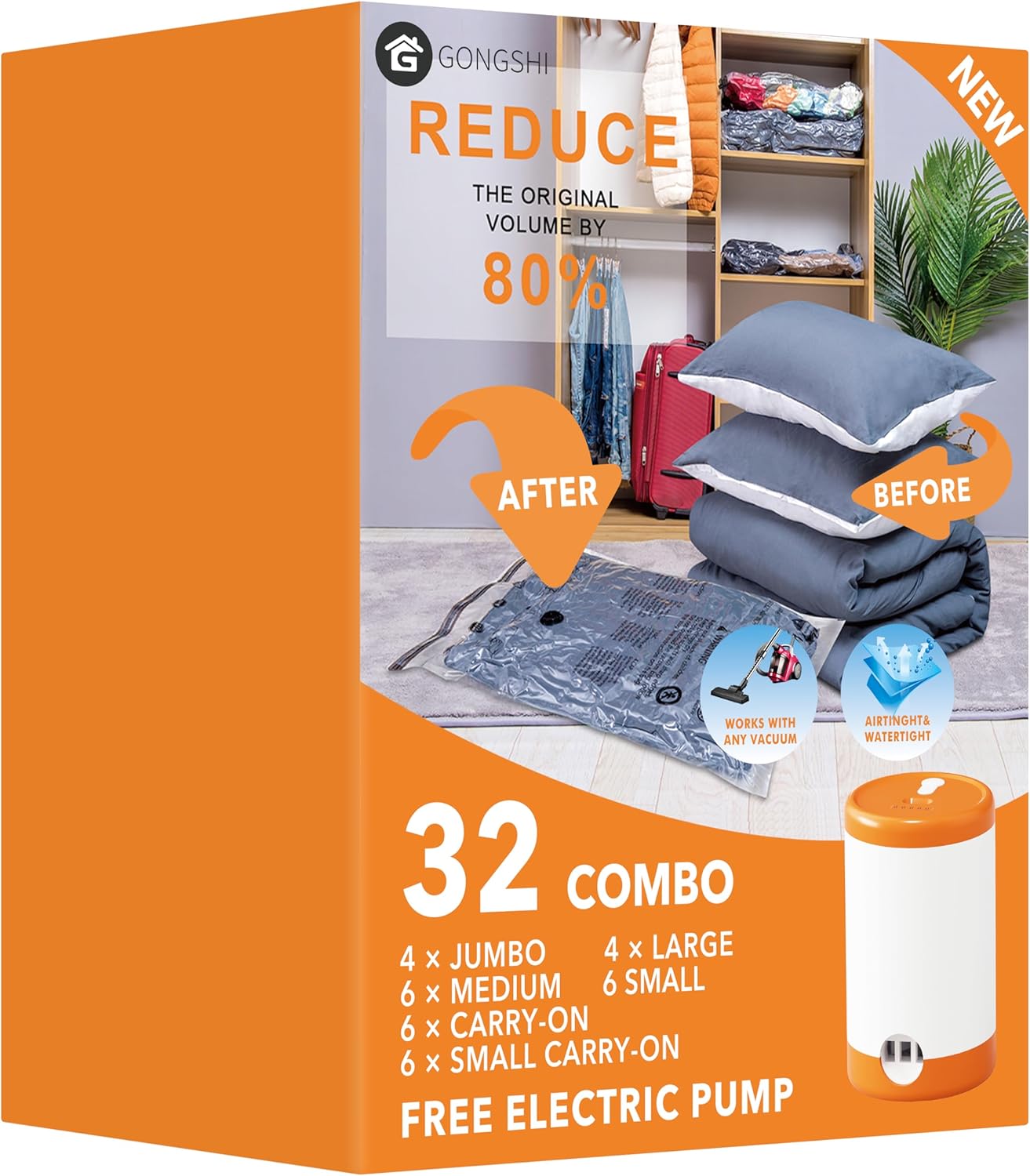 32 Pack Vacuum Storage Bags with Electric Pump,Plastic Packaging Bags,Space Saver Bag for Clothes, Mattress, Blanket, Duvets, Pillows, Comforters,Travel