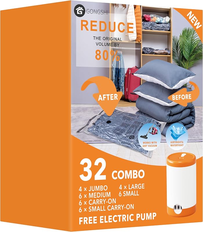 GONGSHI Bolsas de sellado al vacío para ropa, viajes y almacenamiento en el hogar, bolsas de vacío de viaje con bomba eléctrica, ahorro de espacio para mantas, edredones, almohadas, ropa, 32 combo